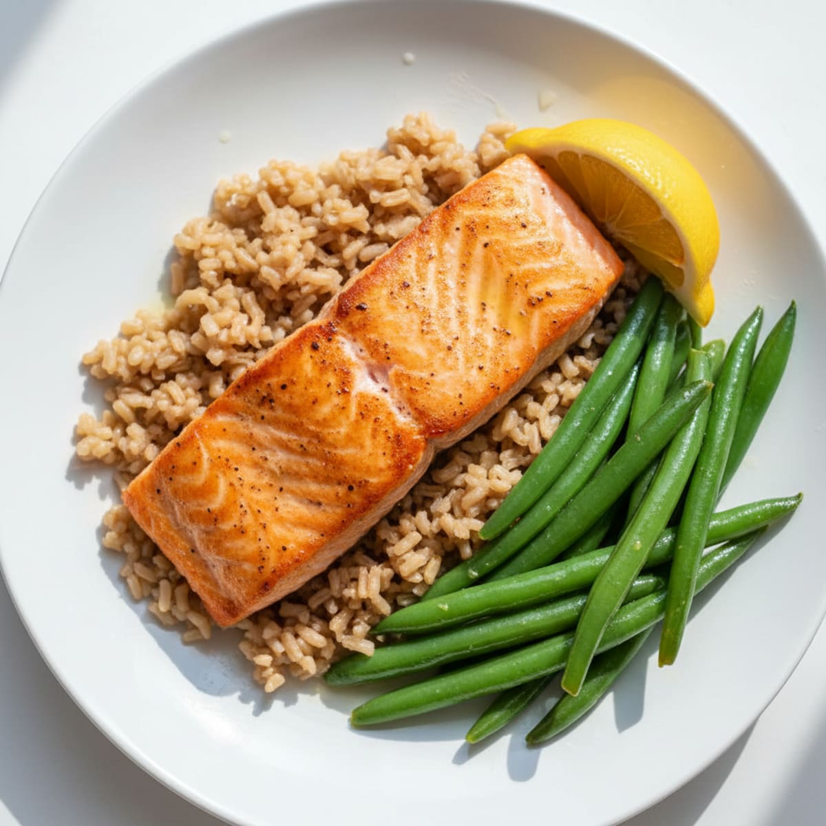 Seared Salmon with Steamed Green Beans and Brown Rice