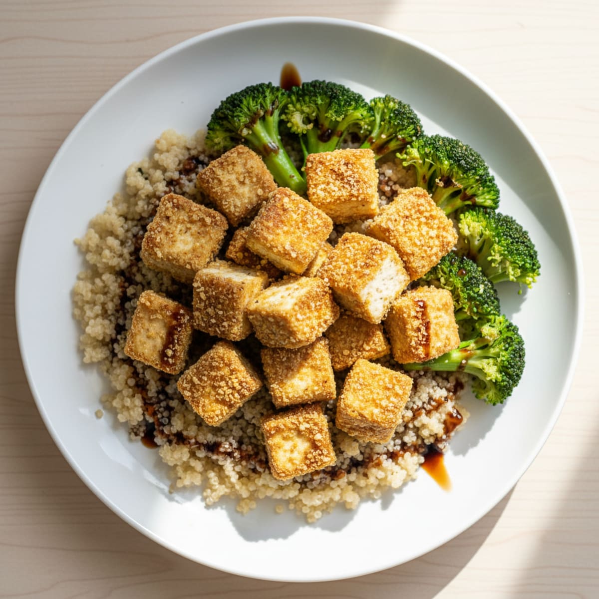 Crispy Baked Tofu with Quinoa and Steamed Broccoli