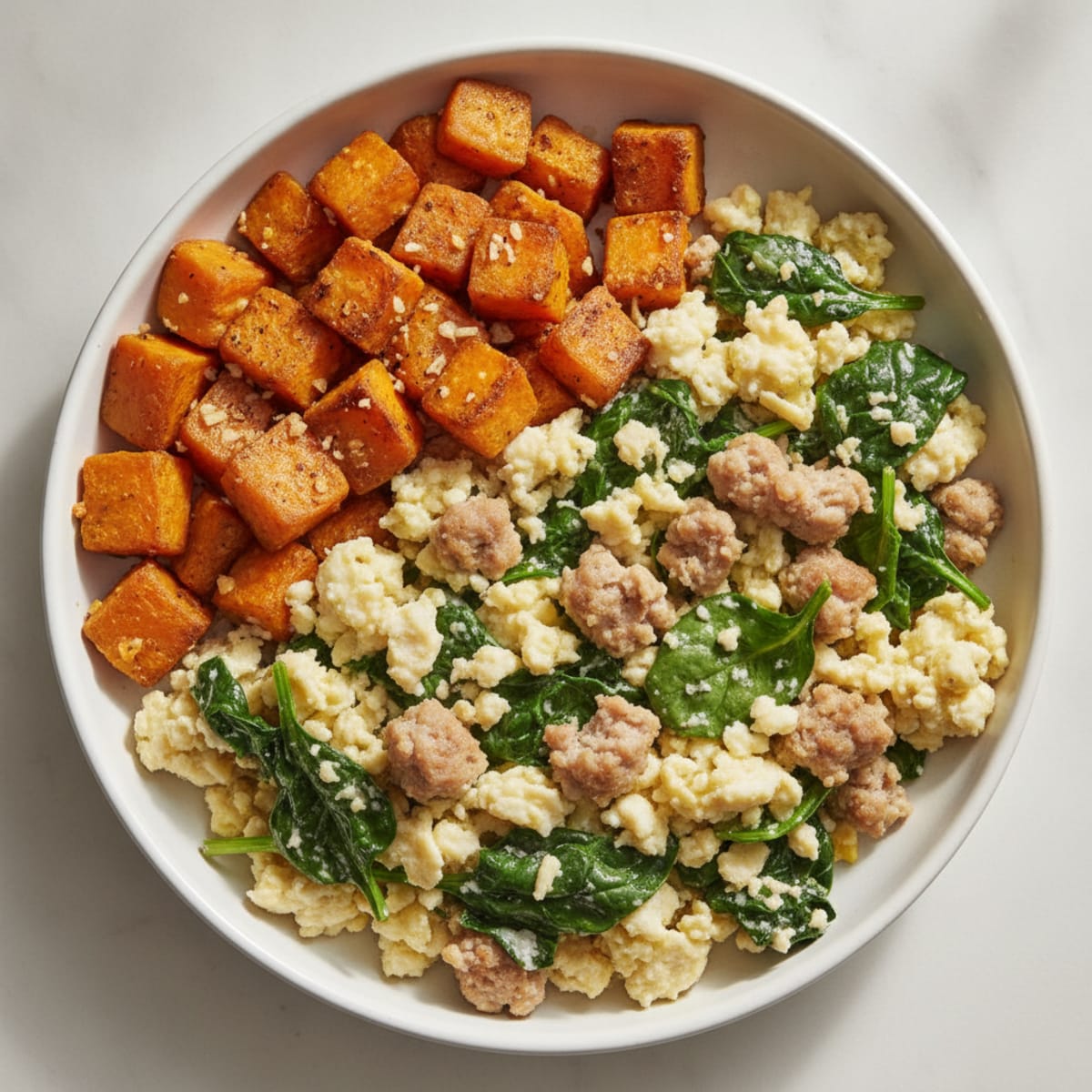 Egg White Scramble with Turkey Sausage and Sautéed Spinach