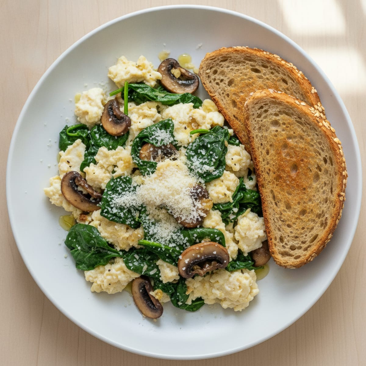 Egg White Spinach Scramble with Sautéed Mushrooms