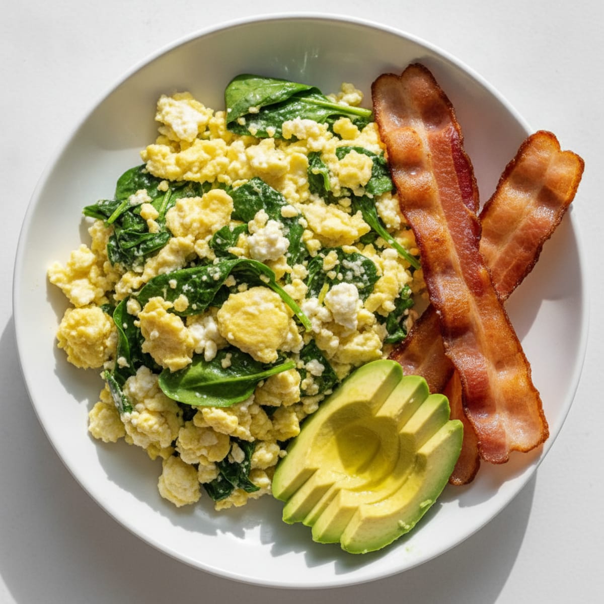 Cottage Cheese Egg Scramble with Spinach and Turkey Bacon