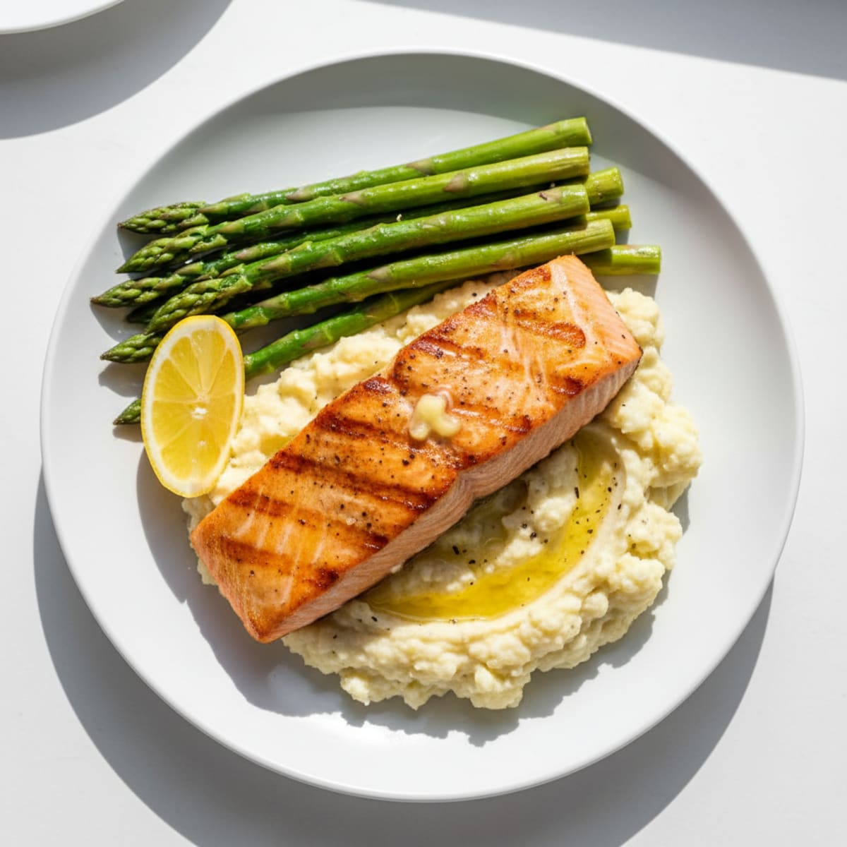 Seared Salmon with Steamed Asparagus and Garlic Mashed Cauliflower