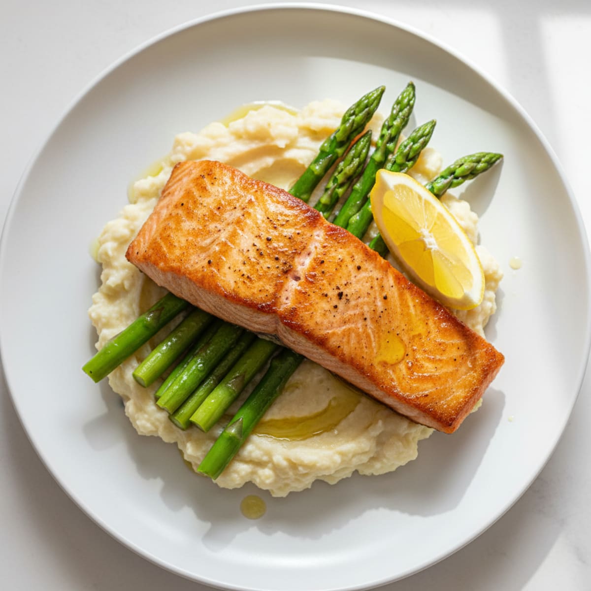 Seared Salmon with Steamed Asparagus and Garlic Mashed Cauliflower