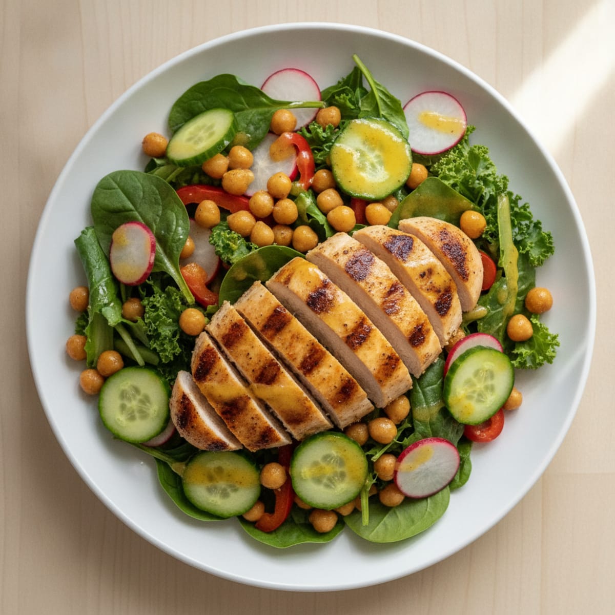 Grilled Chicken Breast Salad with Chickpeas and Crunchy Vegetables