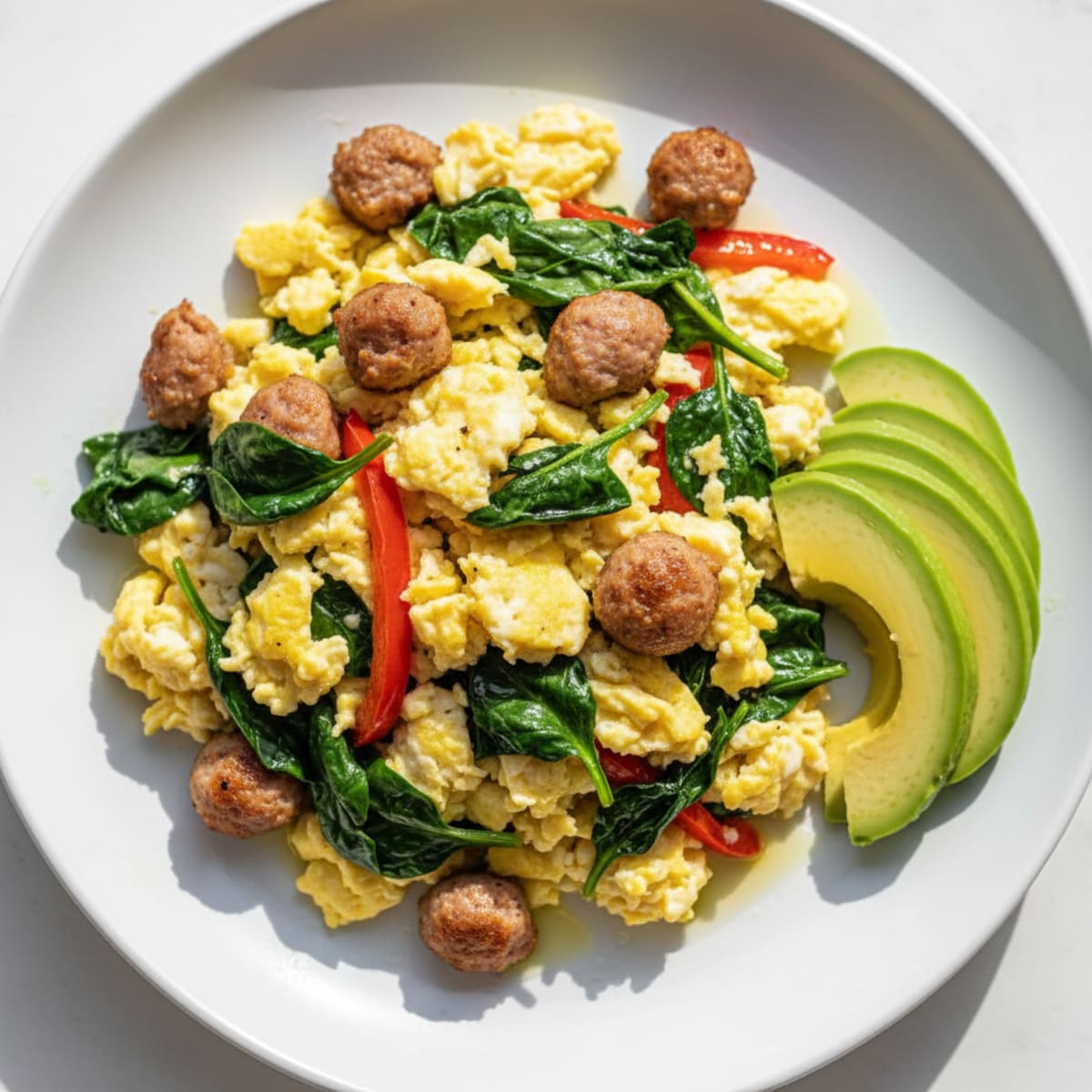 Egg White Scramble with Turkey Sausage and Sautéed Spinach