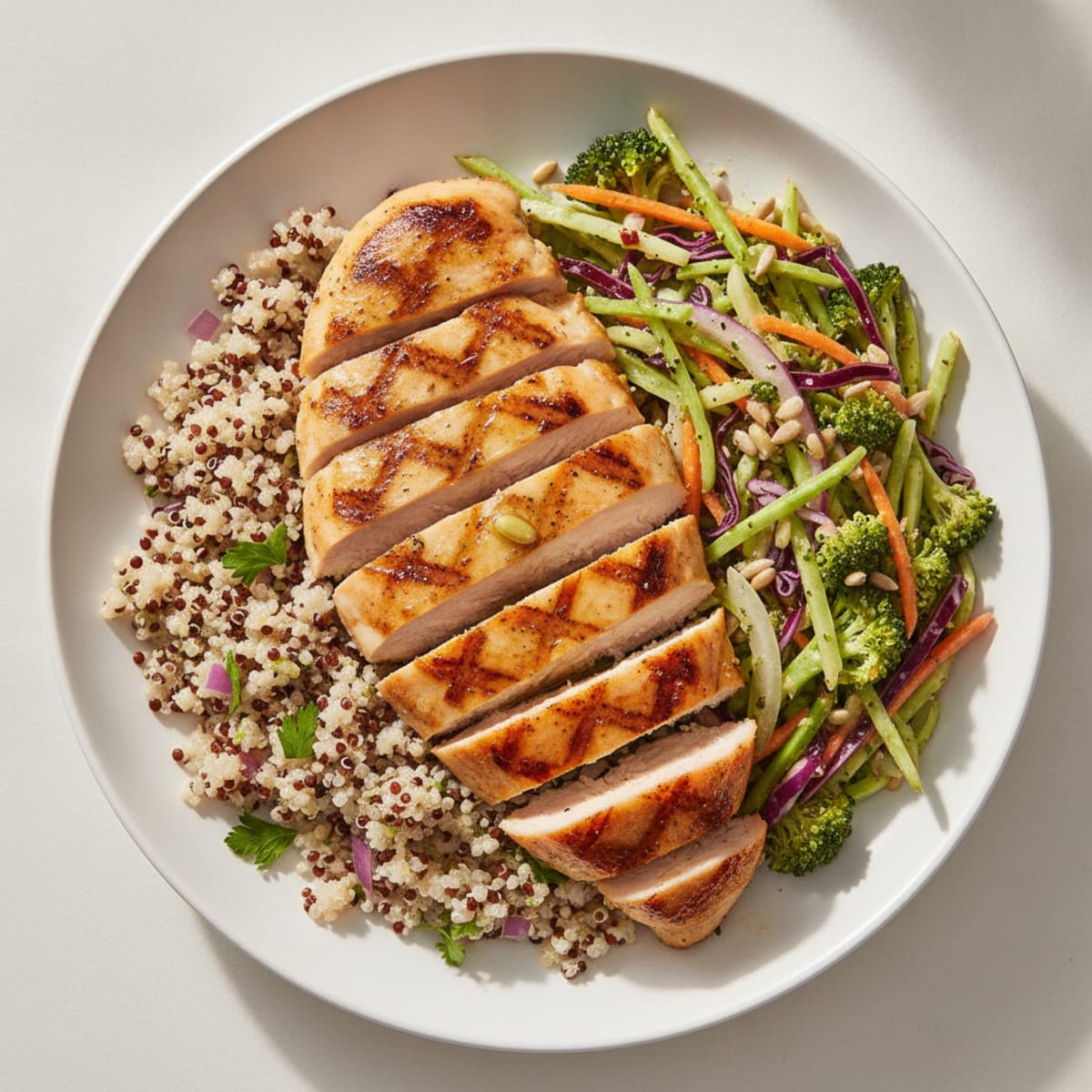 Grilled Chicken Breast with Quinoa and Crunchy Broccoli Slaw