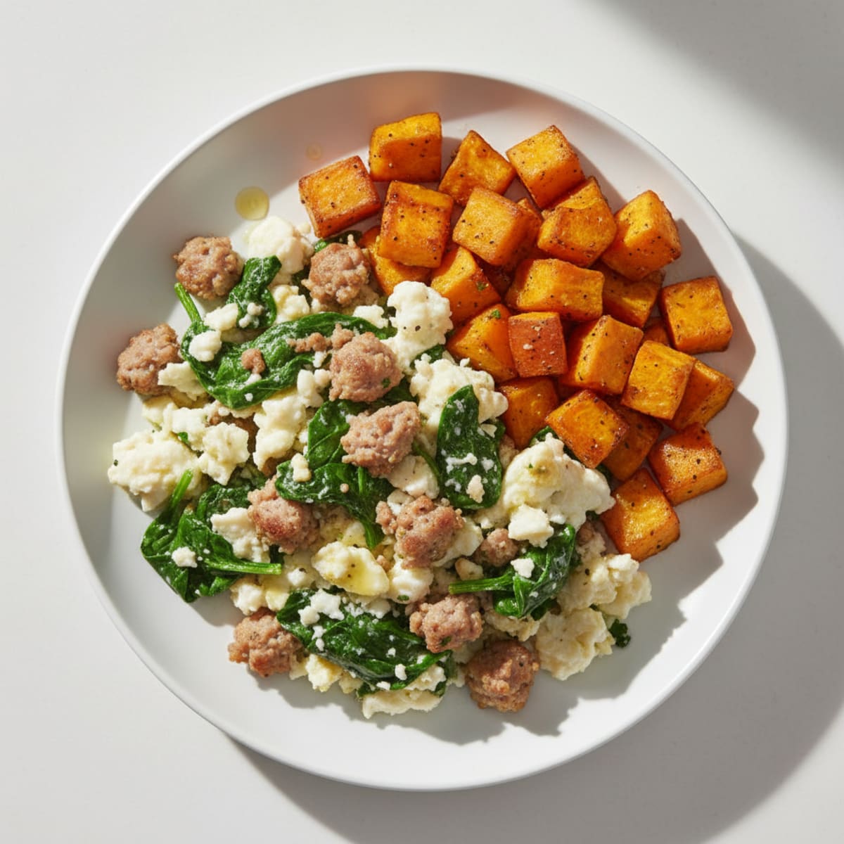 Egg White and Turkey Sausage Scramble with Spinach and Roasted Sweet Potato