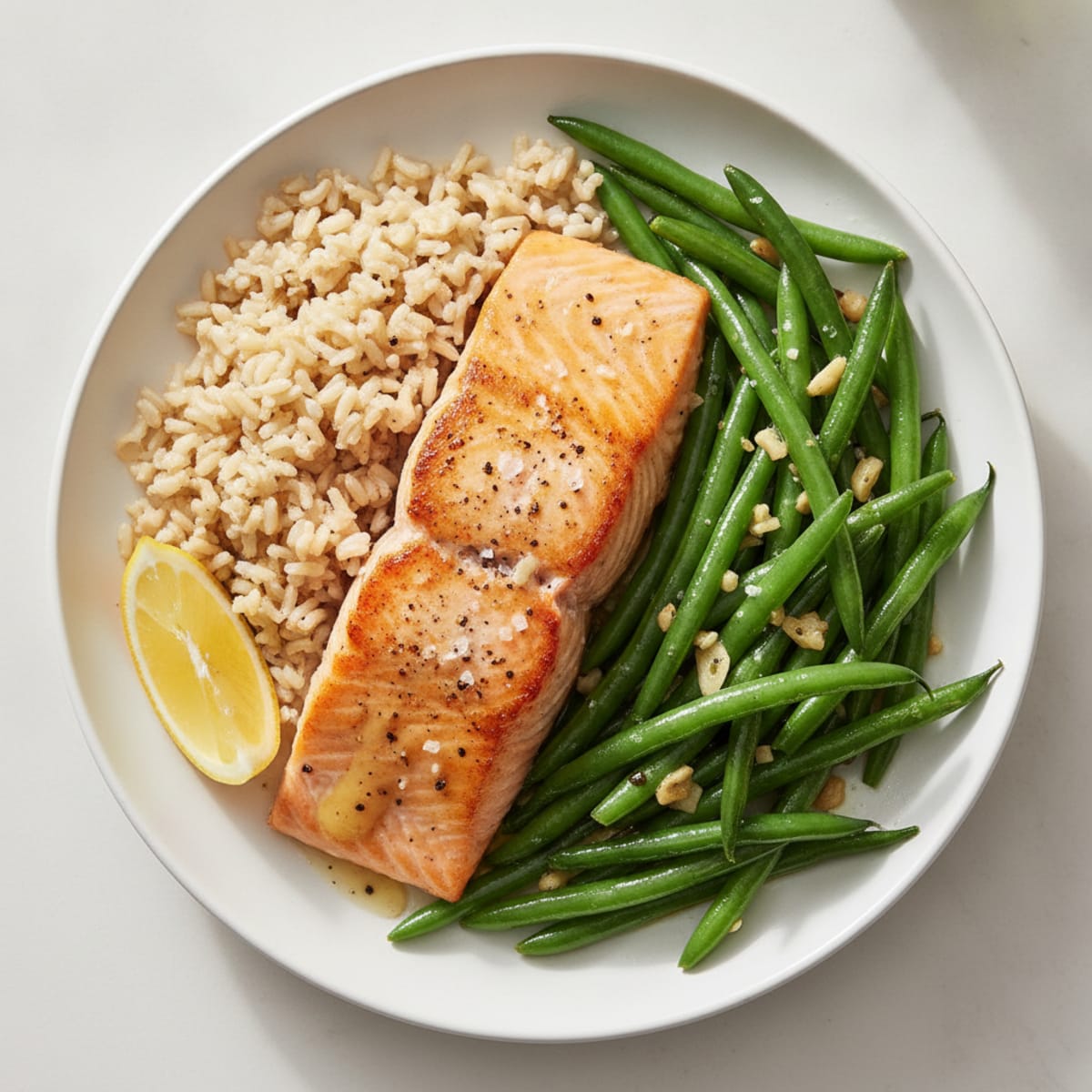 Seared Salmon with Garlic Green Beans and Brown Rice