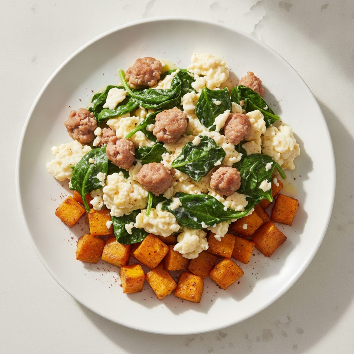 Egg White and Turkey Sausage Scramble with Spinach and Roasted Sweet Potatoes