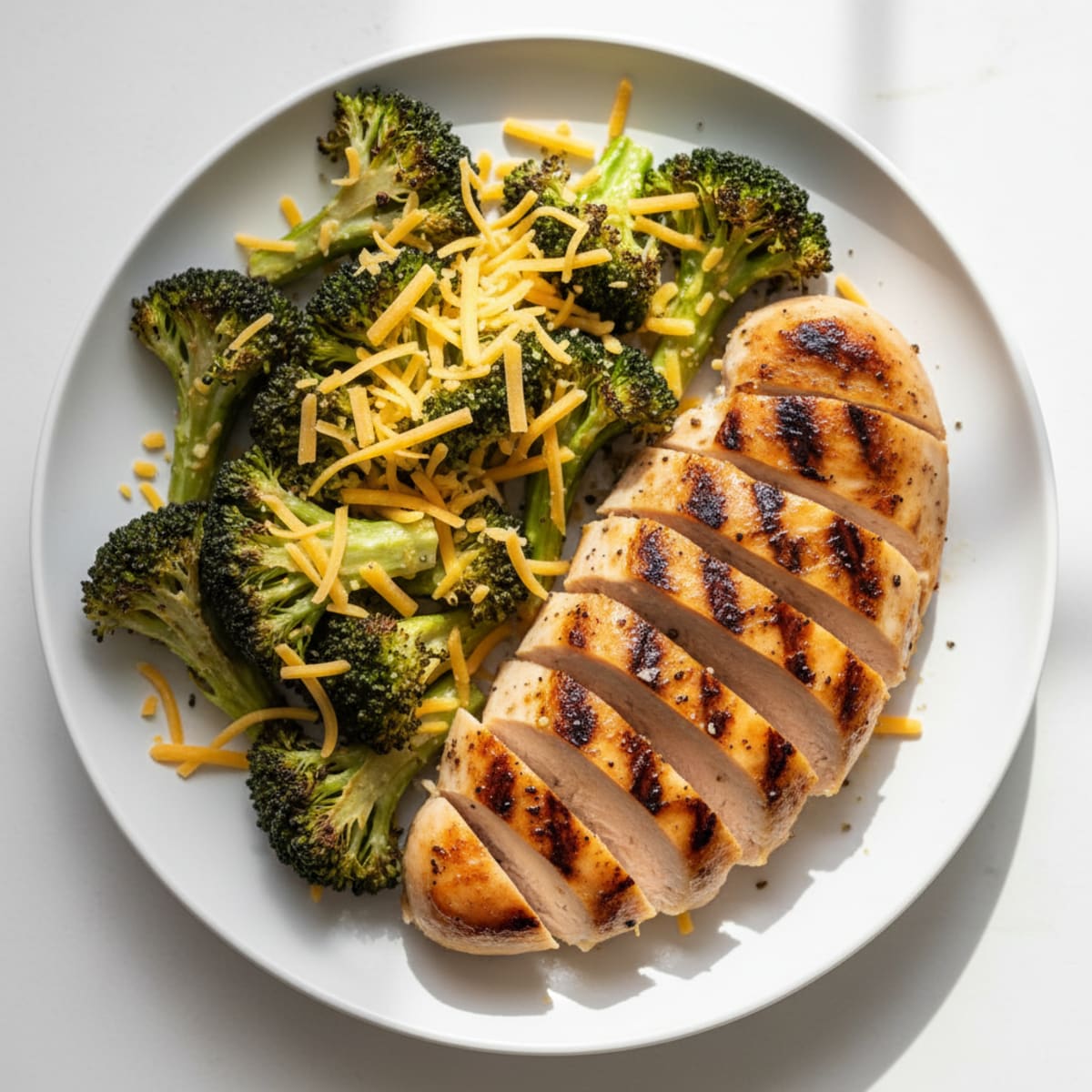Grilled Chicken Breast with Roasted Broccoli and Shredded Cheddar