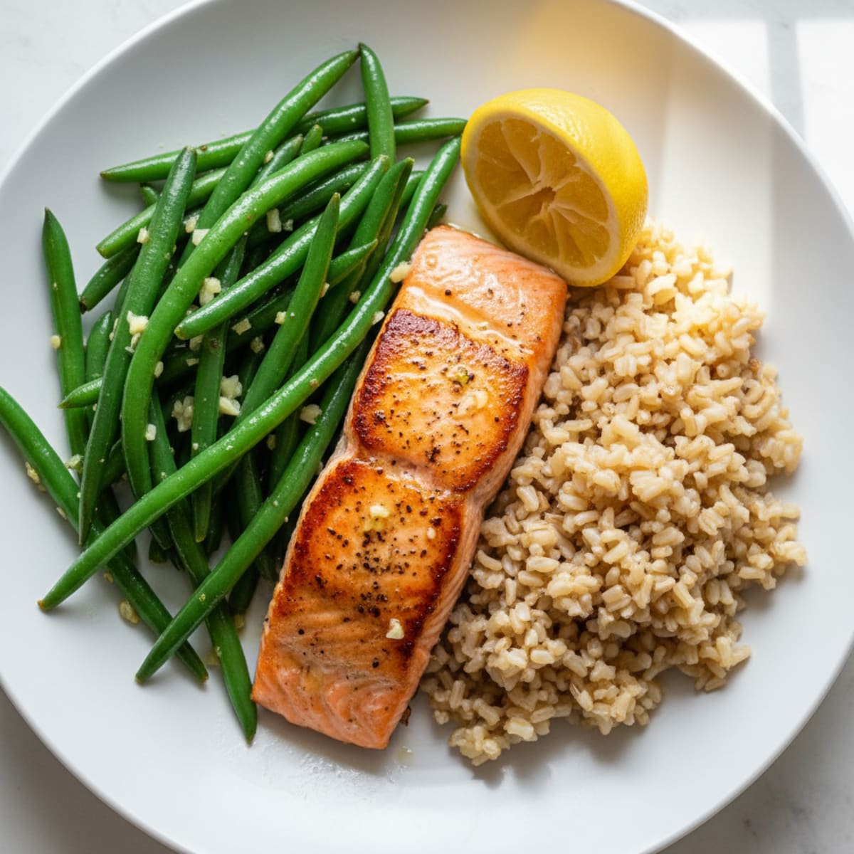 Seared Salmon Fillet with Garlic Green Beans and Brown Rice
