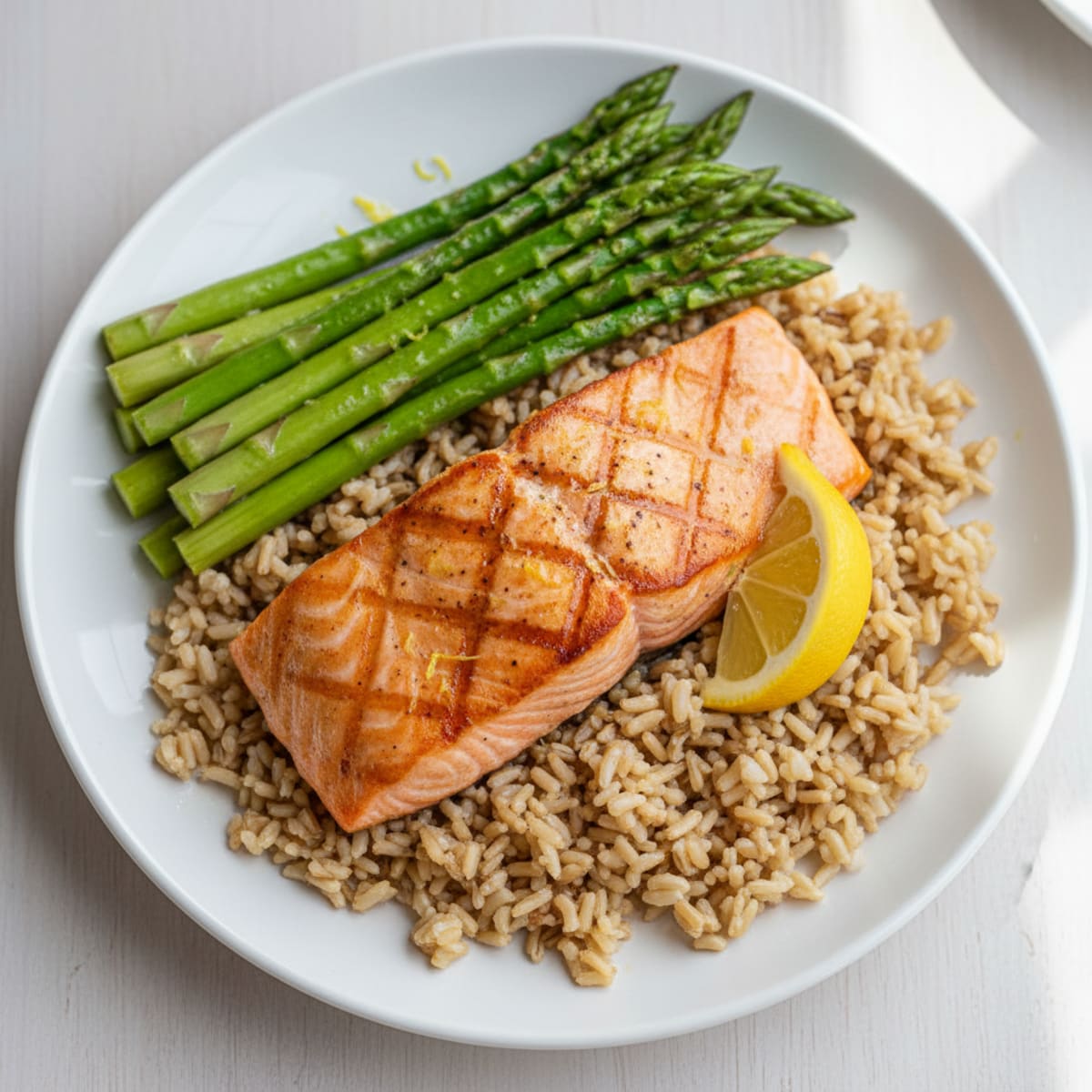 Seared Salmon Fillet with Steamed Asparagus and Brown Rice