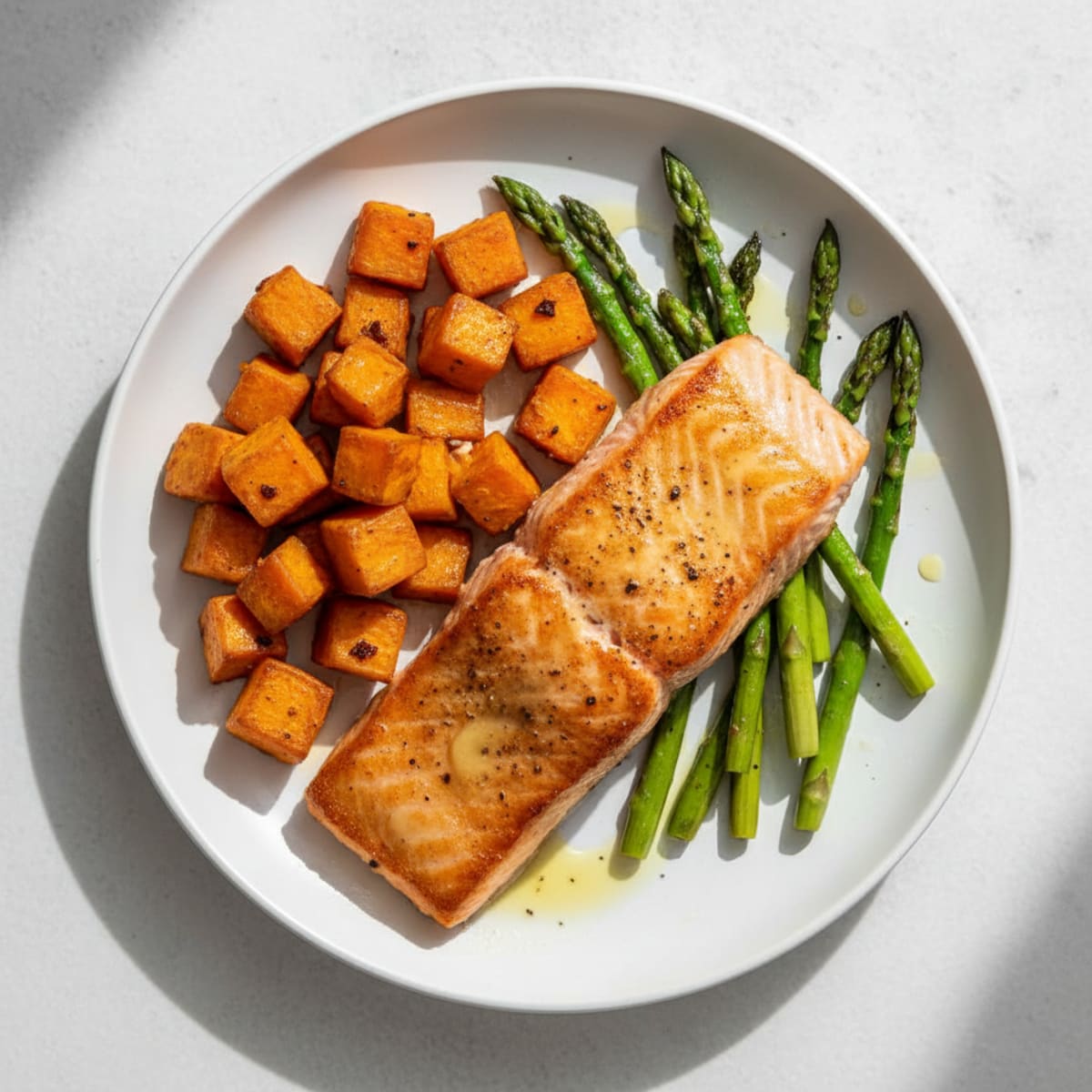Seared Salmon Fillet with Roasted Sweet Potato and Asparagus