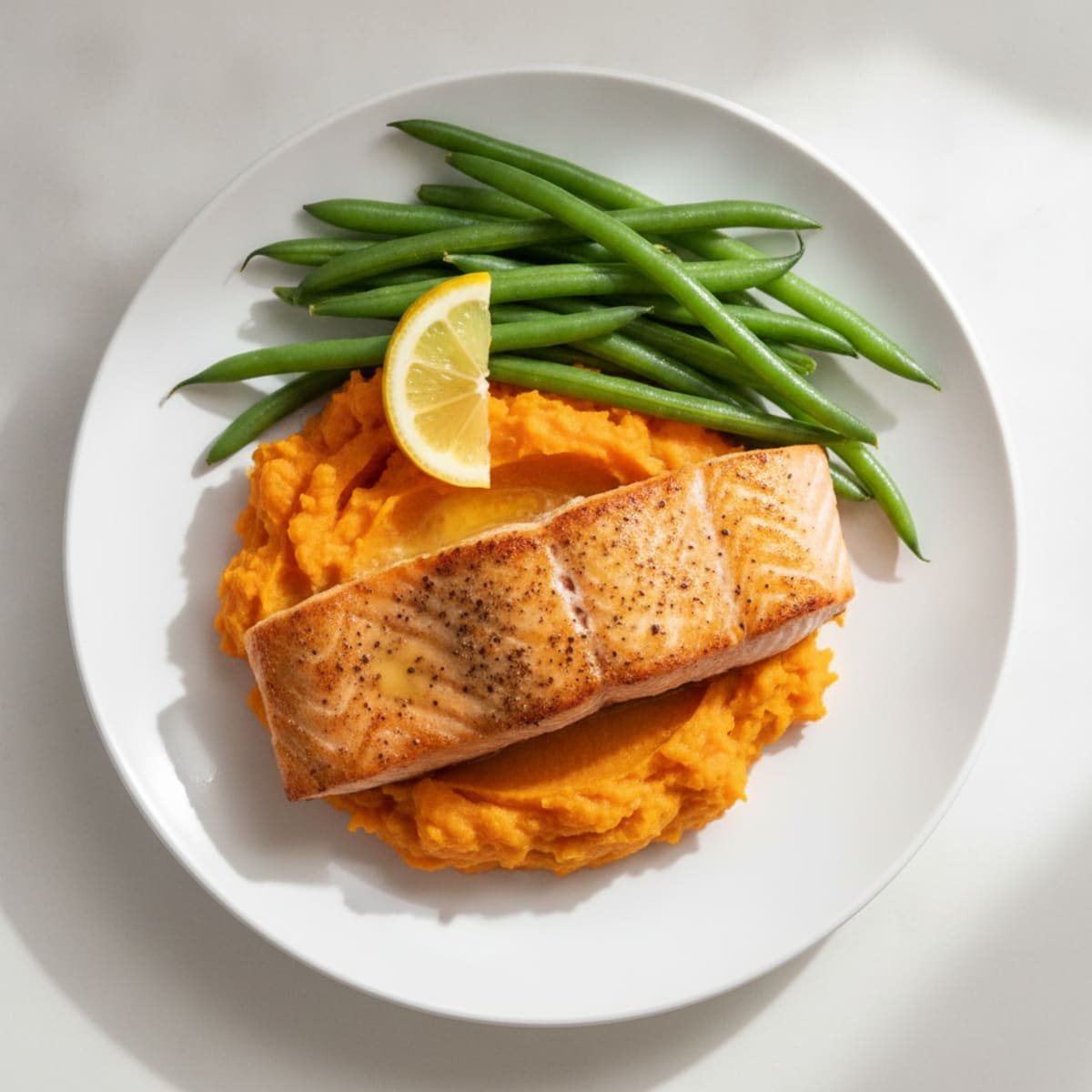 Seared Salmon with Steamed Green Beans and Sweet Potato Mash
