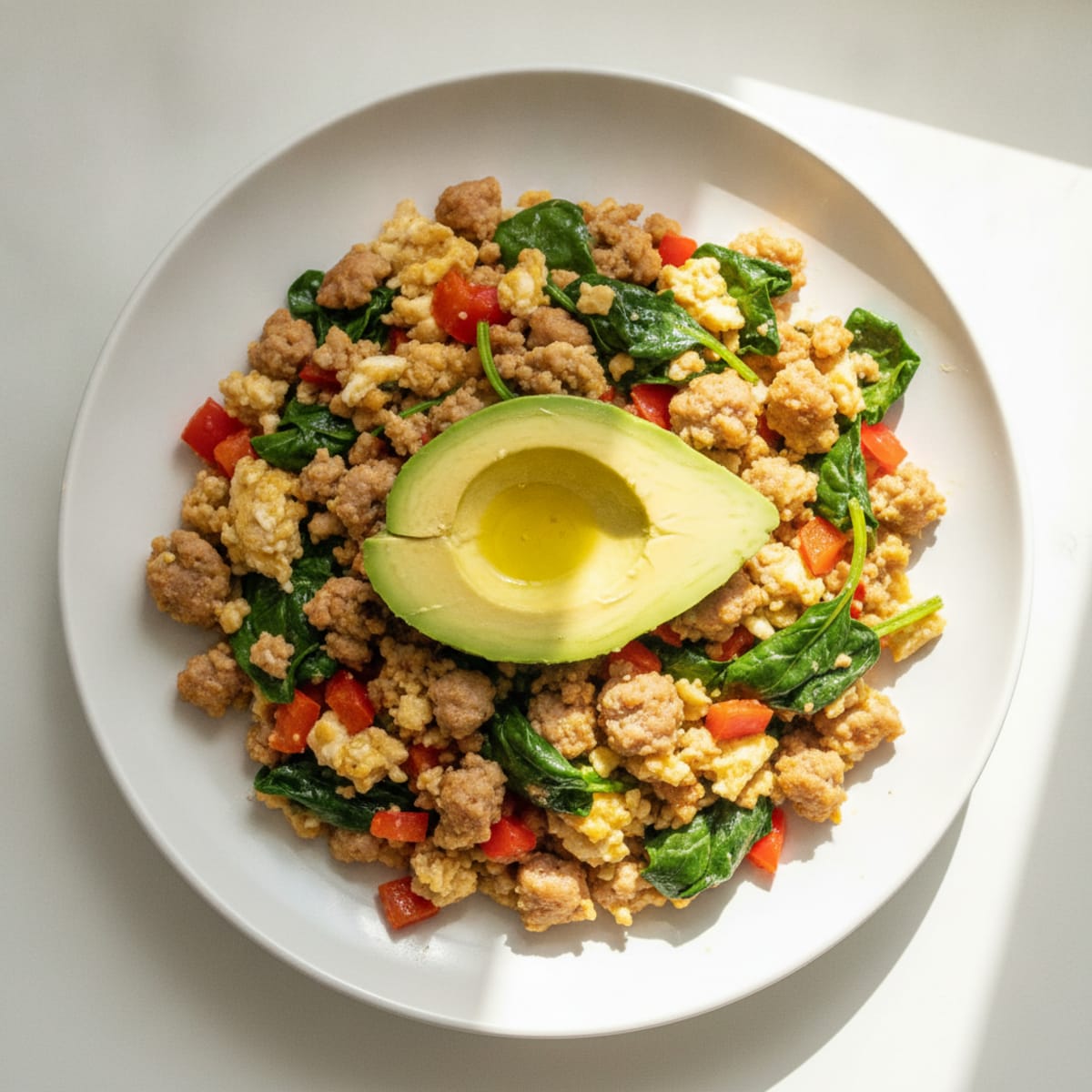 Egg White and Turkey Sausage Scramble with Spinach and Bell Peppers