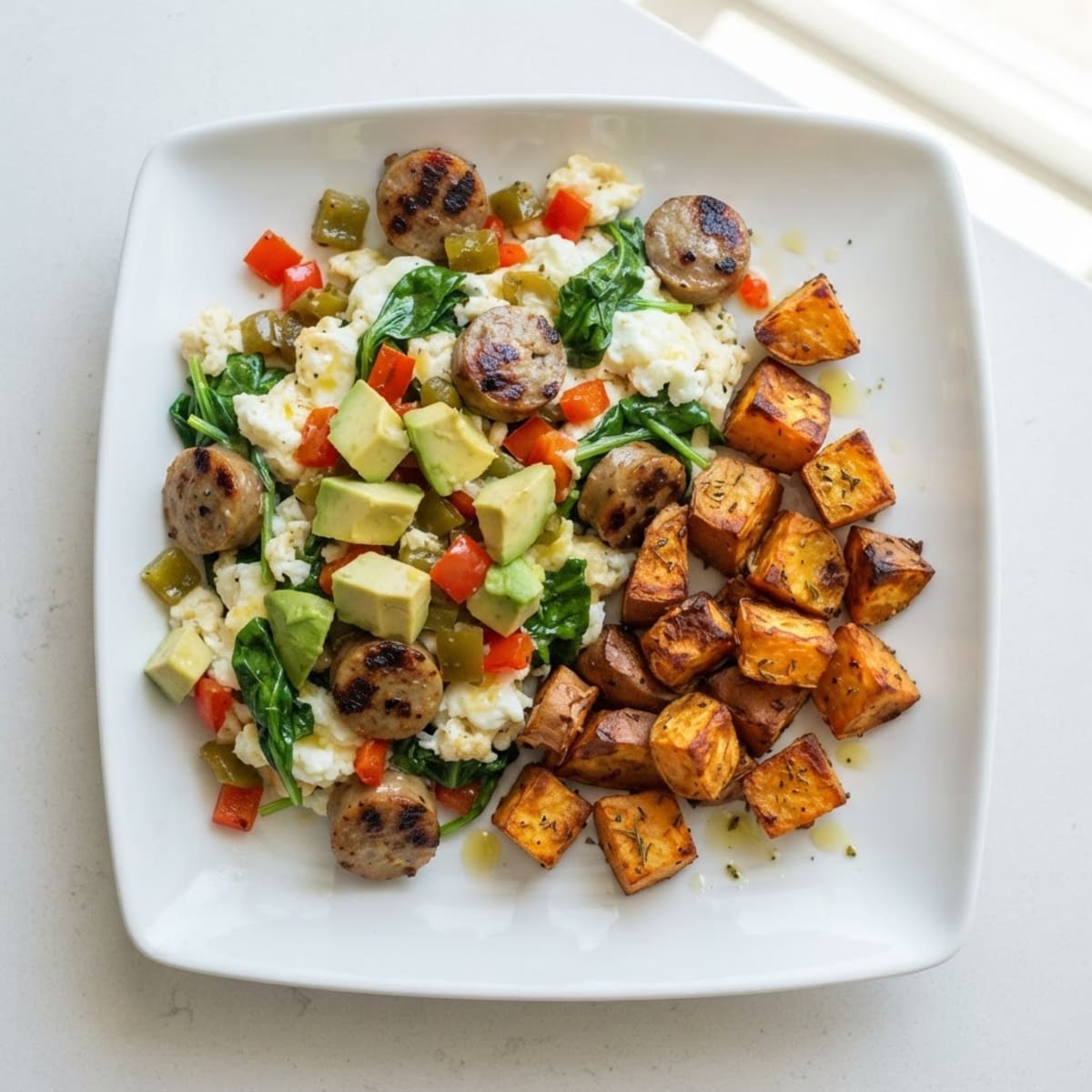 Egg White and Chicken Sausage Scramble with Roasted Sweet Potatoes