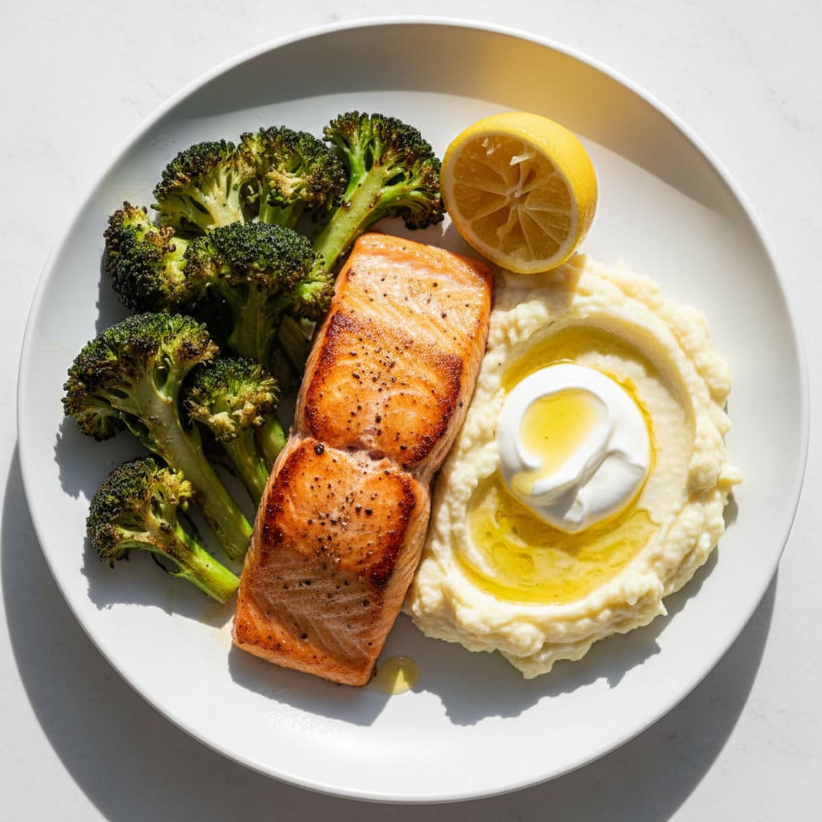 Seared Salmon with Roasted Broccoli and Garlic Mashed Cauliflower