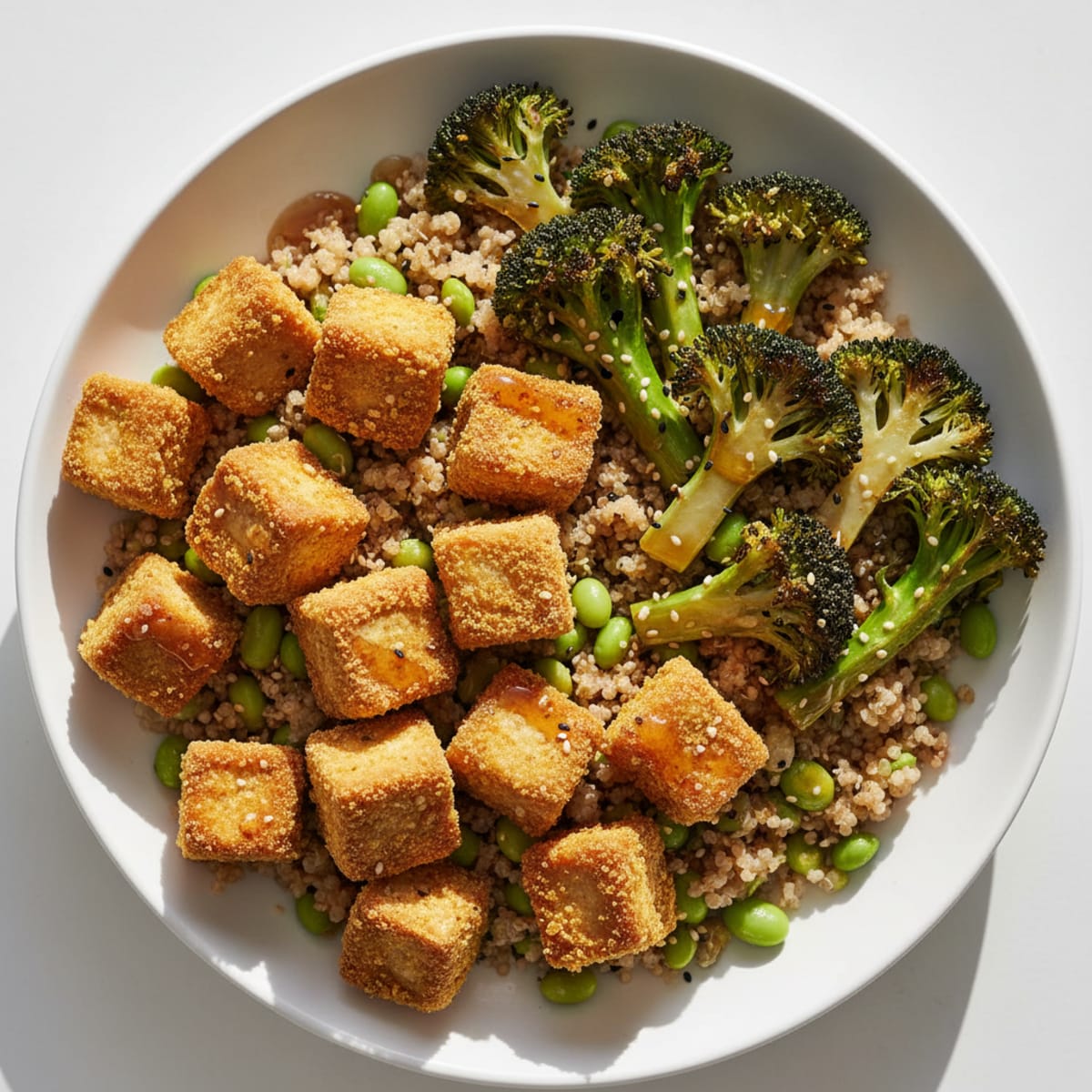 Crispy Tofu and Quinoa Power Bowl with Roasted Broccoli and Edamame