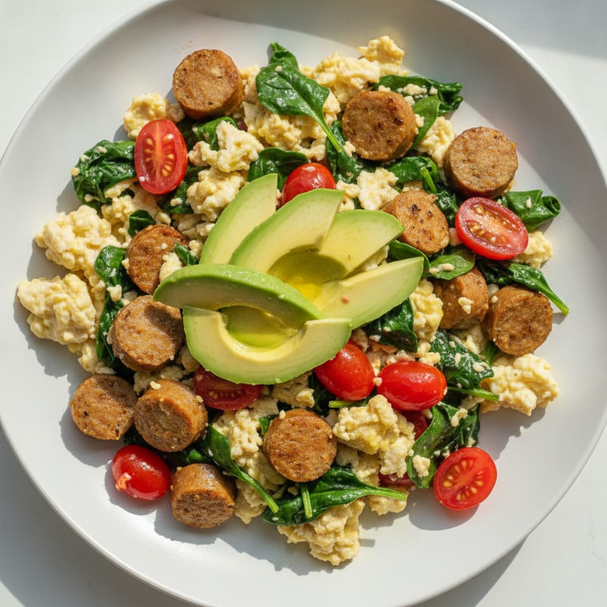 Egg White and Turkey Sausage Scramble with Spinach and Tomatoes