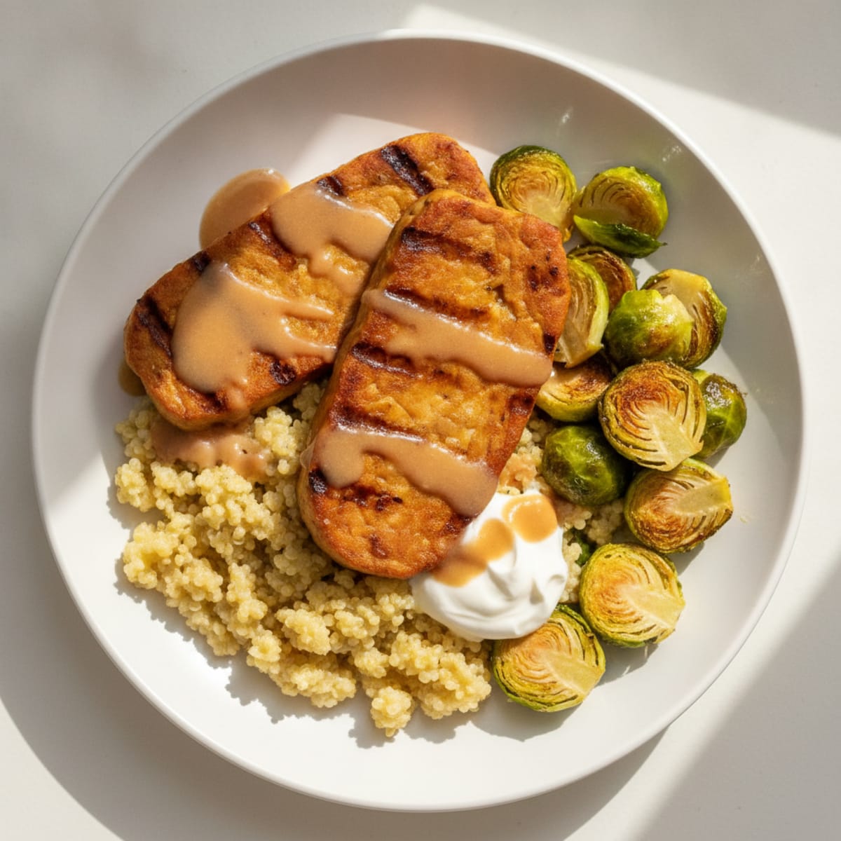 Grilled Tempeh Steak with Creamy Quinoa and Roasted Brussels Sprouts
