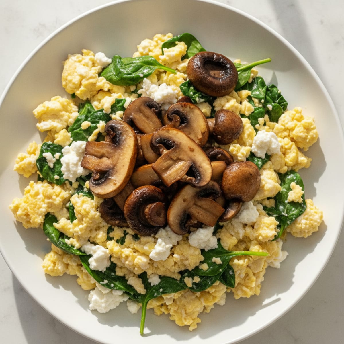 Egg White and Spinach Scramble with Cottage Cheese and Sautéed Mushrooms