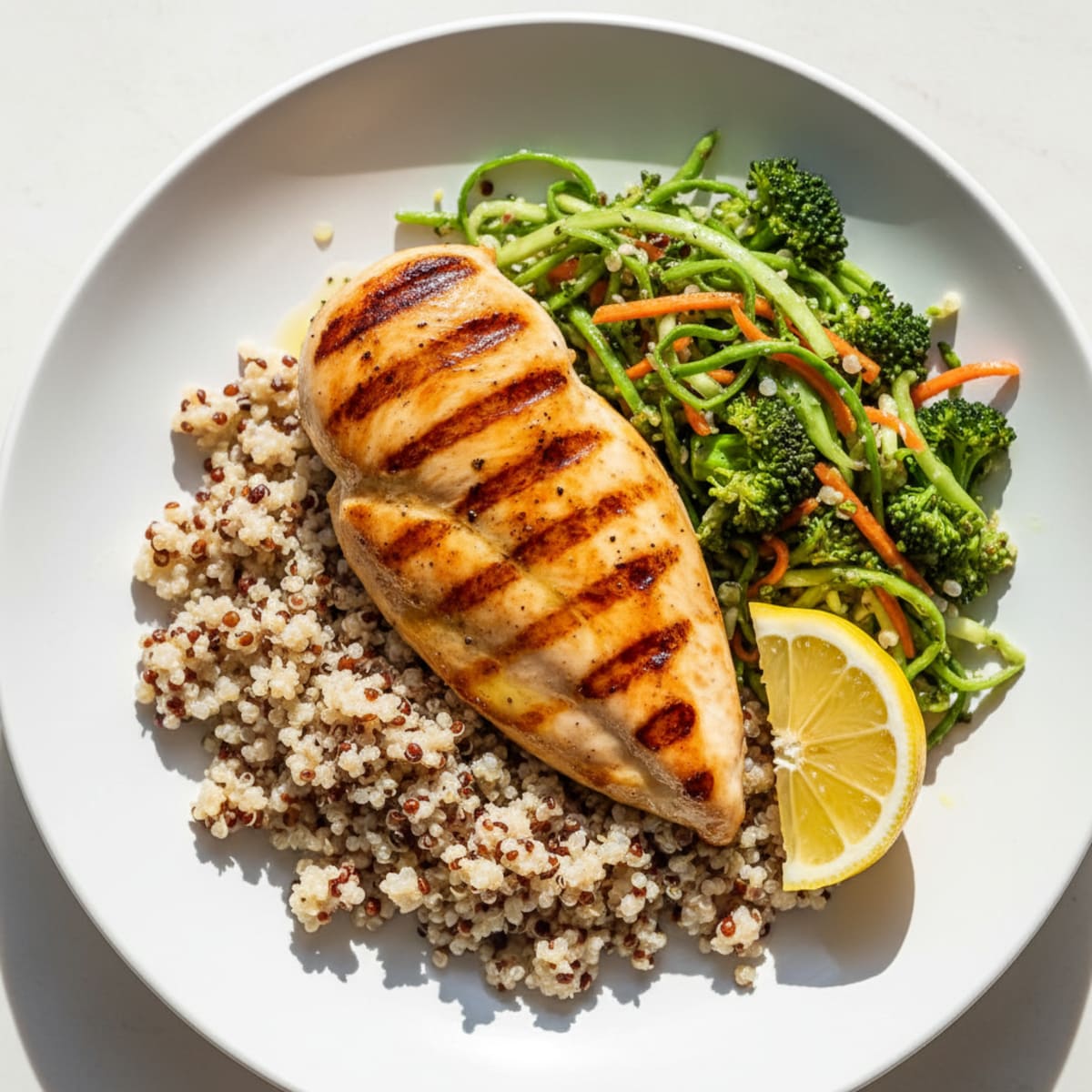 Grilled Chicken Breast with Crunchy Broccoli Slaw and Quinoa