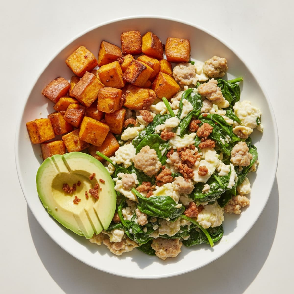 Egg White and Turkey Sausage Scramble with Sautéed Spinach