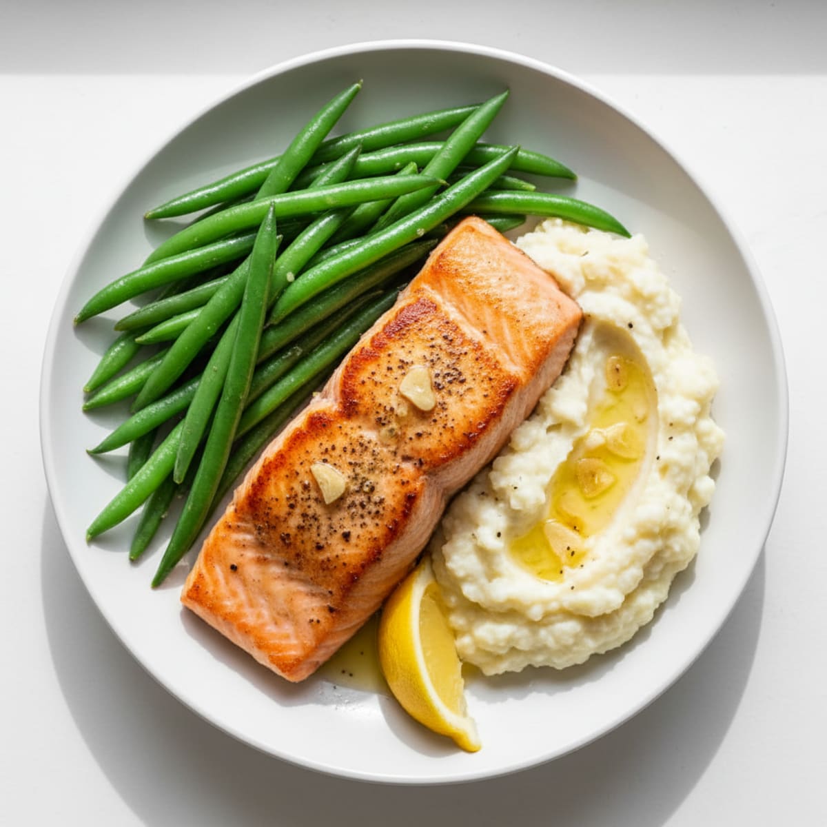 Seared Salmon with Steamed Green Beans and Garlic Mashed Cauliflower