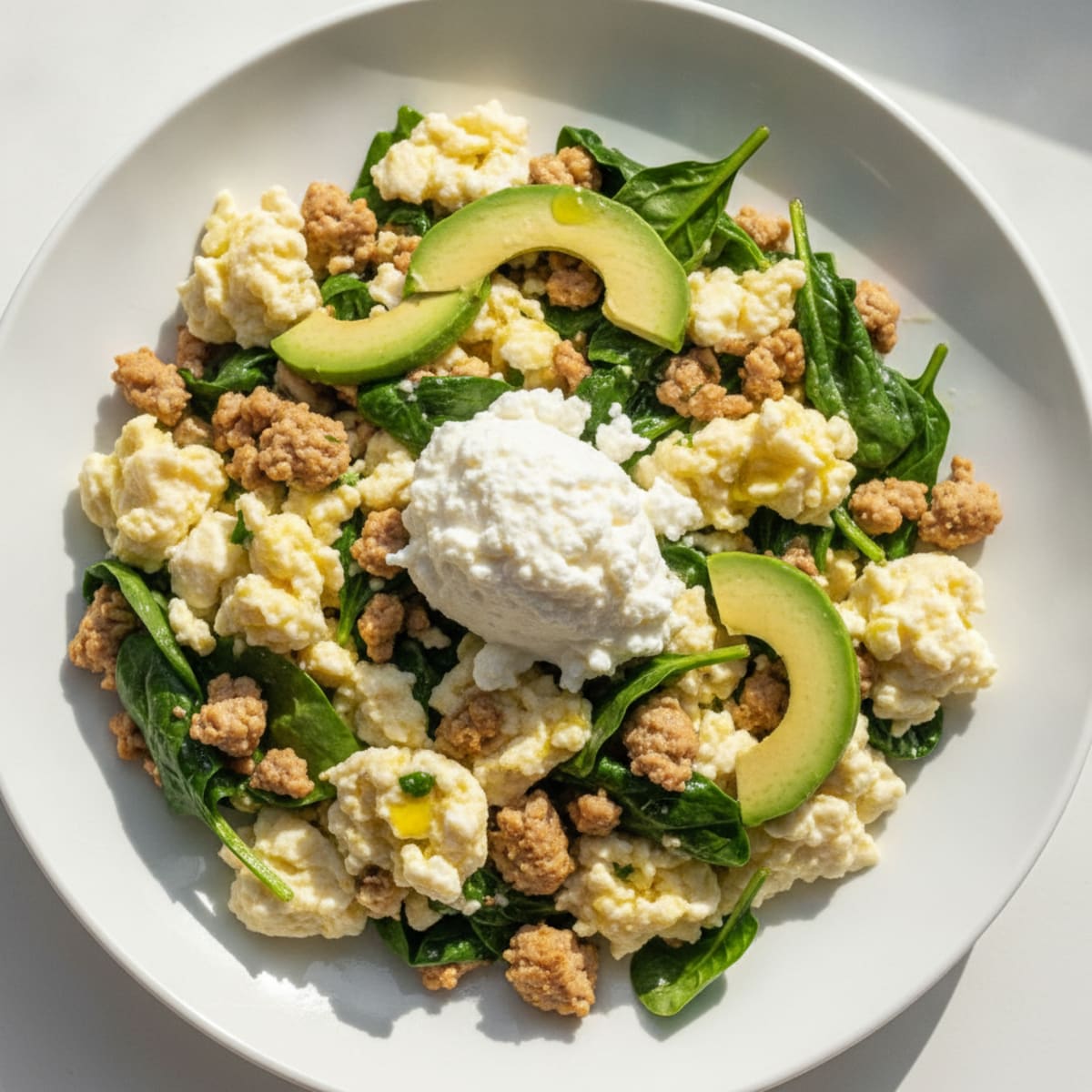 Egg White and Turkey Spinach Scramble with Cottage Cheese