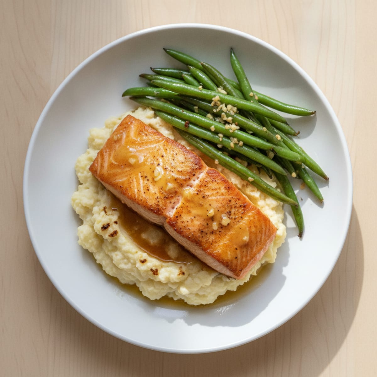 Seared Salmon Fillet with Garlic Green Beans and Cauliflower Mash