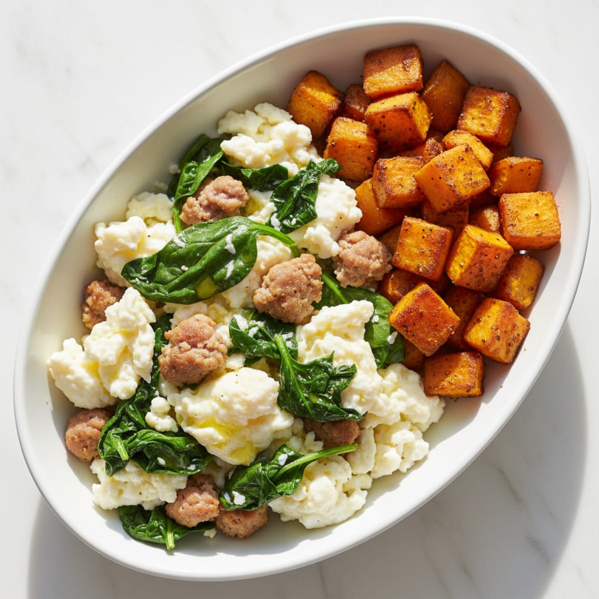 Egg White and Turkey Sausage Scramble with Spinach and Roasted Sweet Potatoes