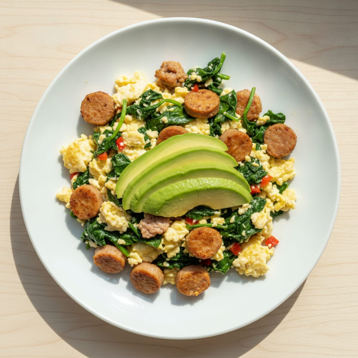 Egg White Scramble with Turkey Sausage and Sautéed Spinach