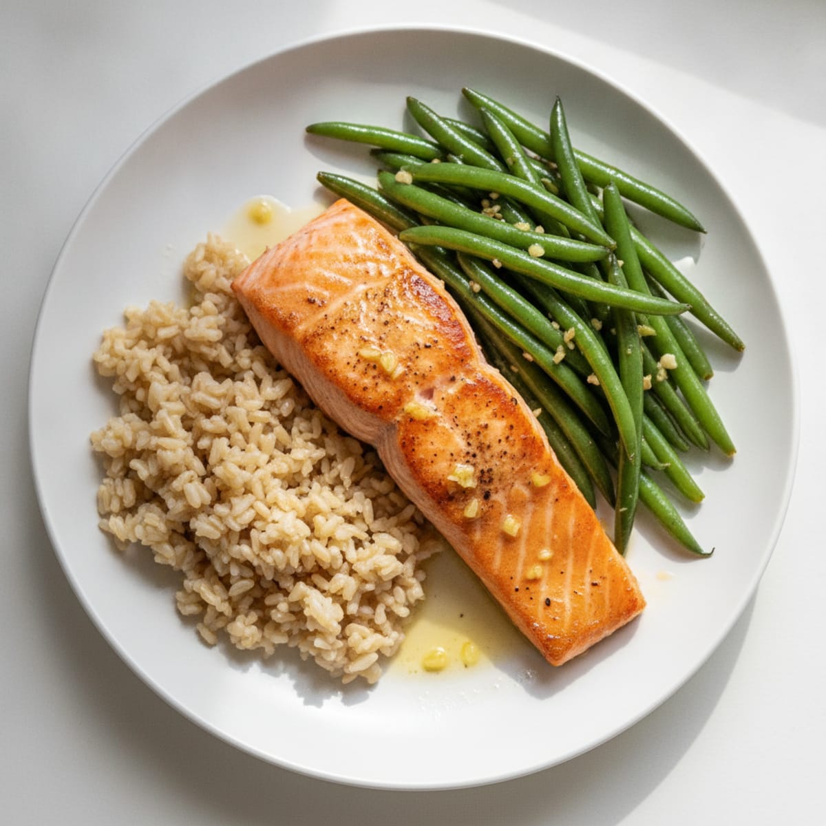 Seared Salmon with Garlic Green Beans and Brown Rice