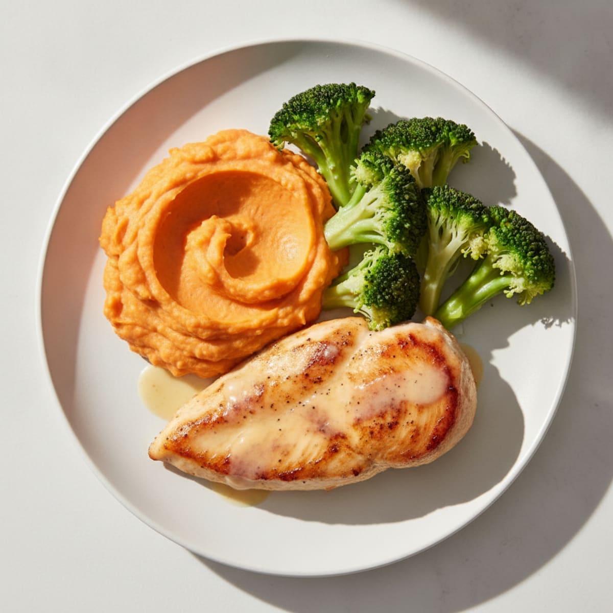 Seared Chicken Breast with Creamy Sweet Potato Mash and Steamed Broccoli