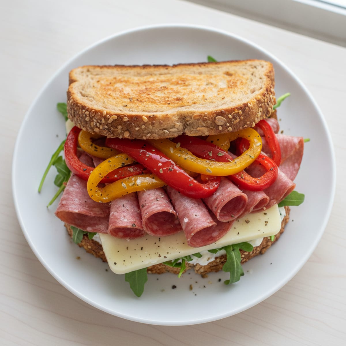 Salami and Provolone Sandwich with Roasted Peppers