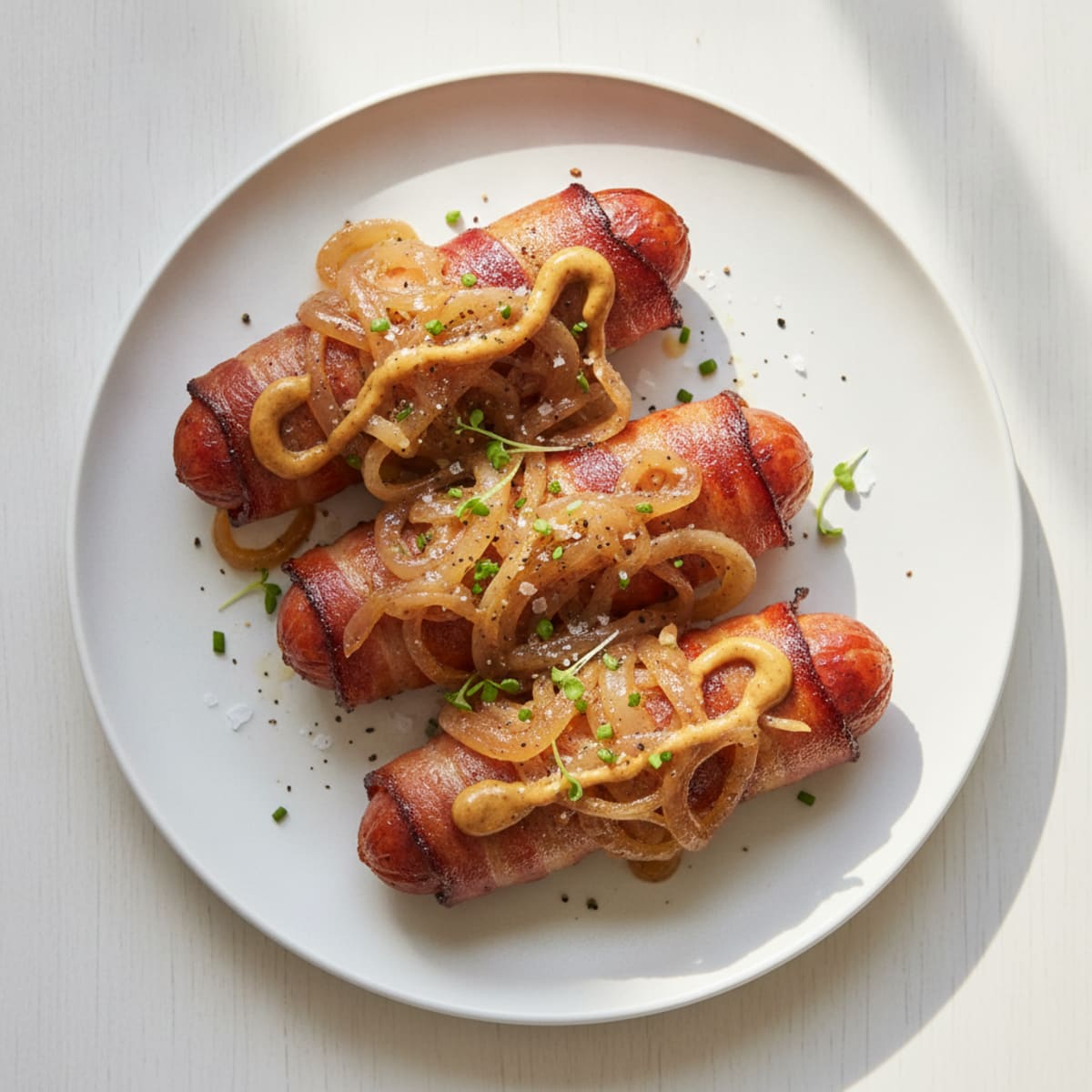 Bacon-Wrapped Hot Dogs with Caramelized Onions