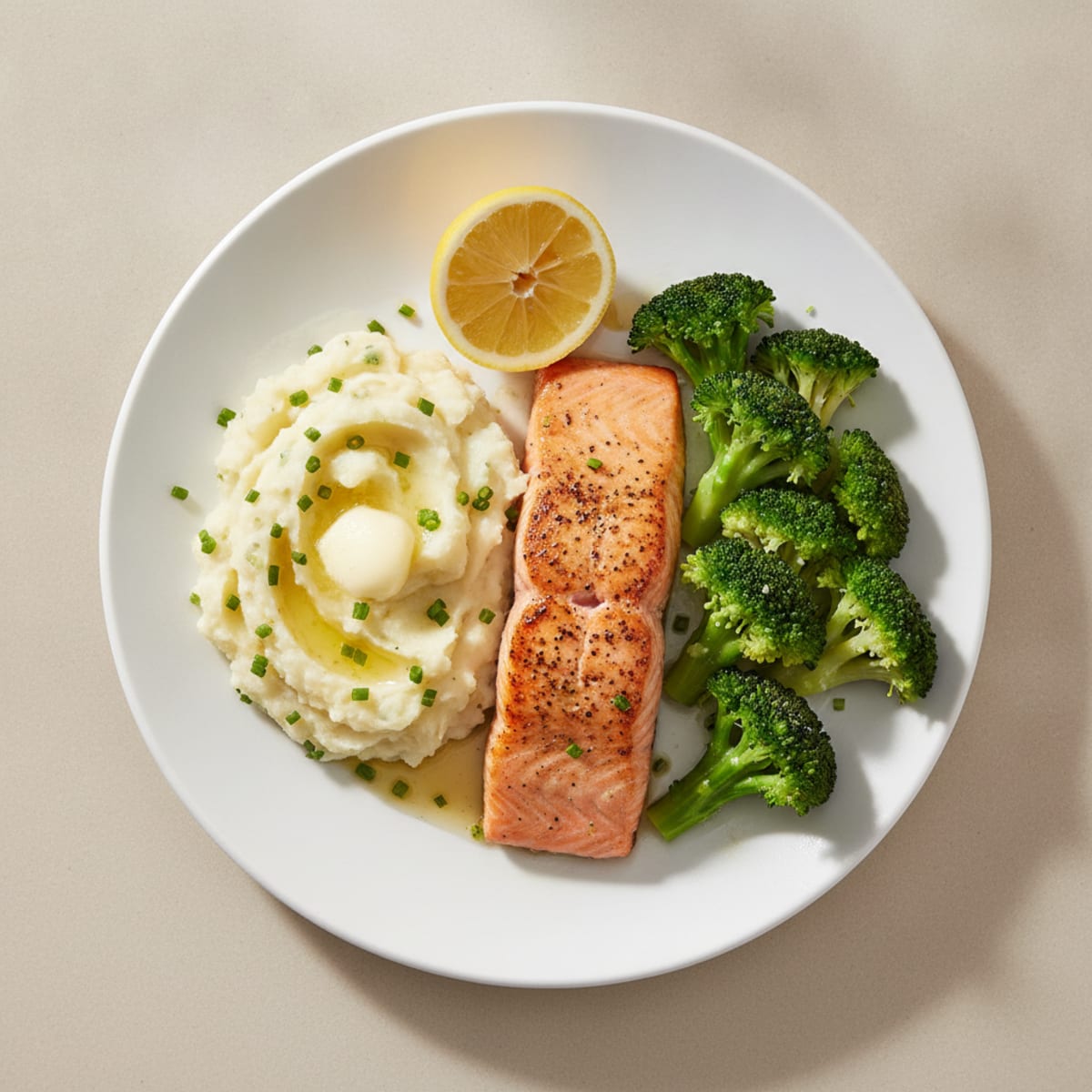 Seared Salmon with Steamed Broccoli and Garlic Mashed Potatoes