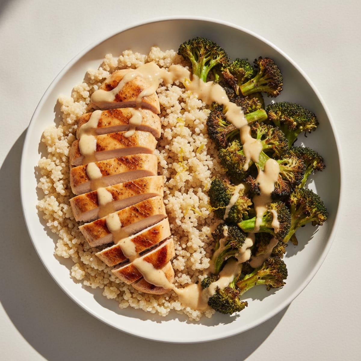 Grilled Chicken Quinoa Bowl with Roasted Broccoli and Lemon Tahini Drizzle