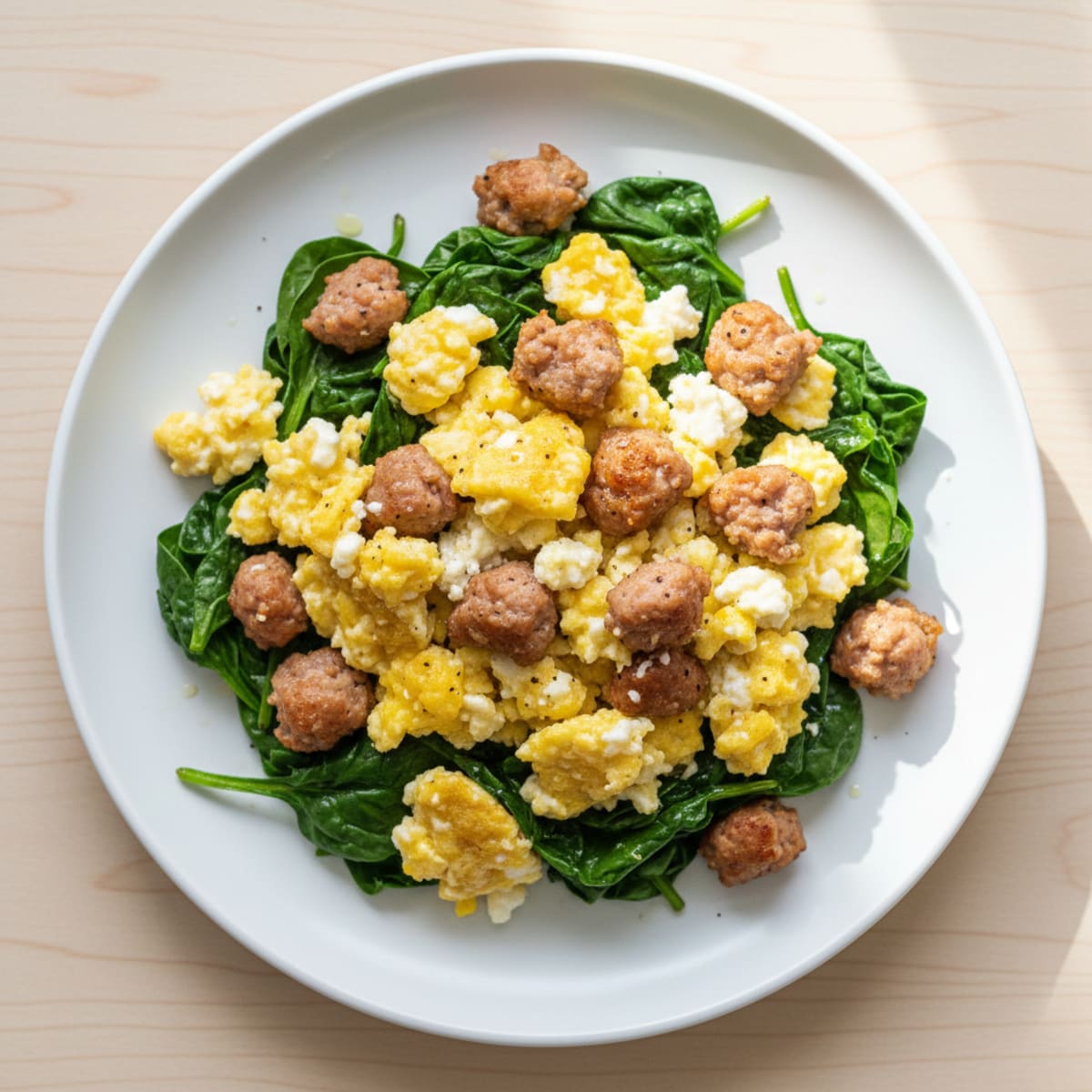Cottage Cheese Scramble with Turkey Sausage and Sautéed Spinach