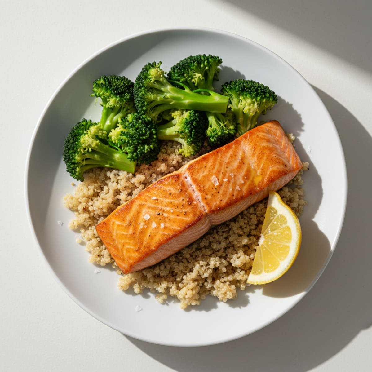 Seared Salmon with Steamed Broccoli and Quinoa
