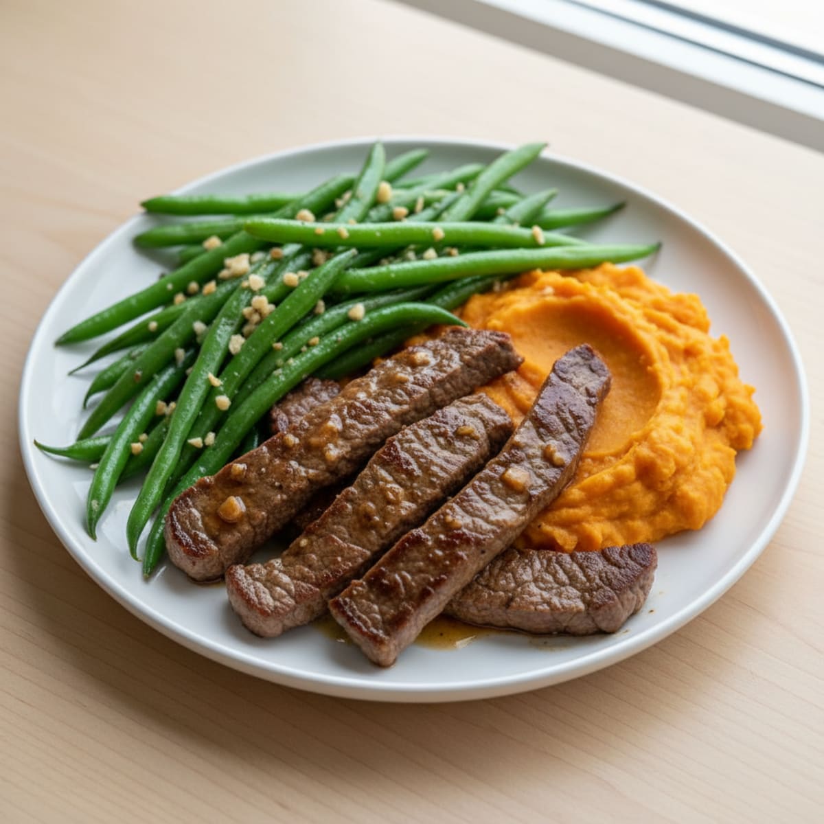Seared Lean Beef Strips with Garlic Green Beans and Sweet Potato Mash