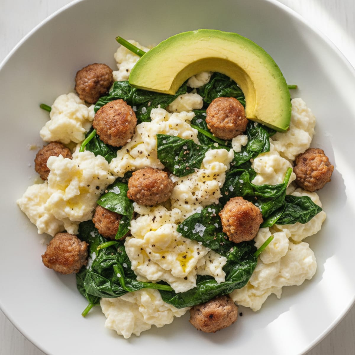 Egg White Scramble with Turkey Sausage and Sautéed Spinach