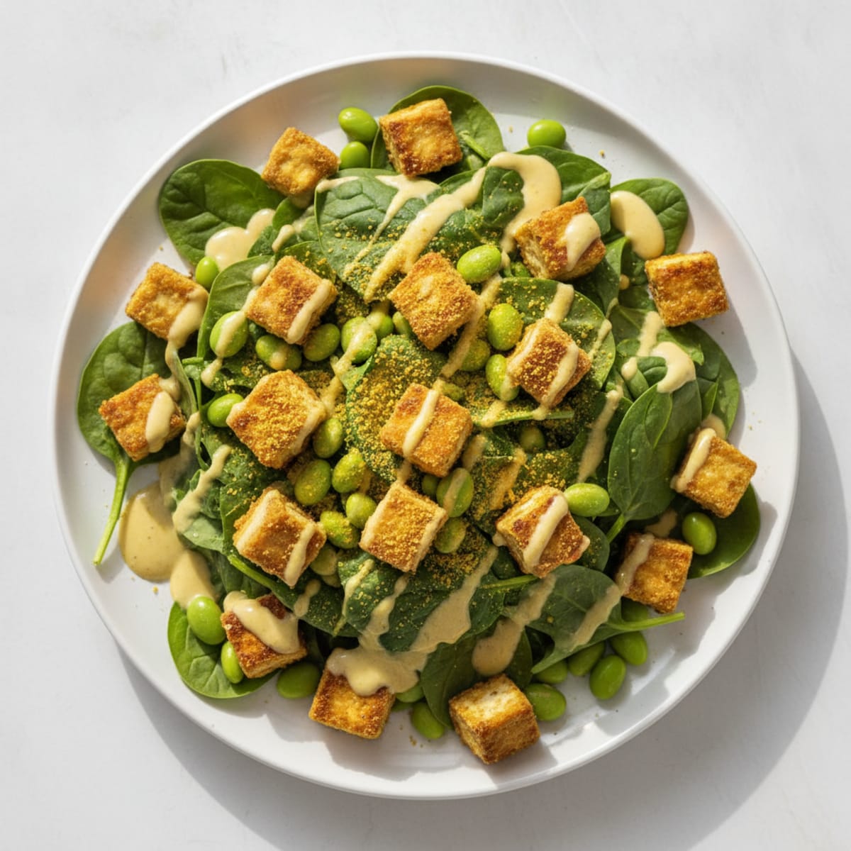 Crispy Tofu and Edamame Power Salad with Lemon Tahini Dressing
