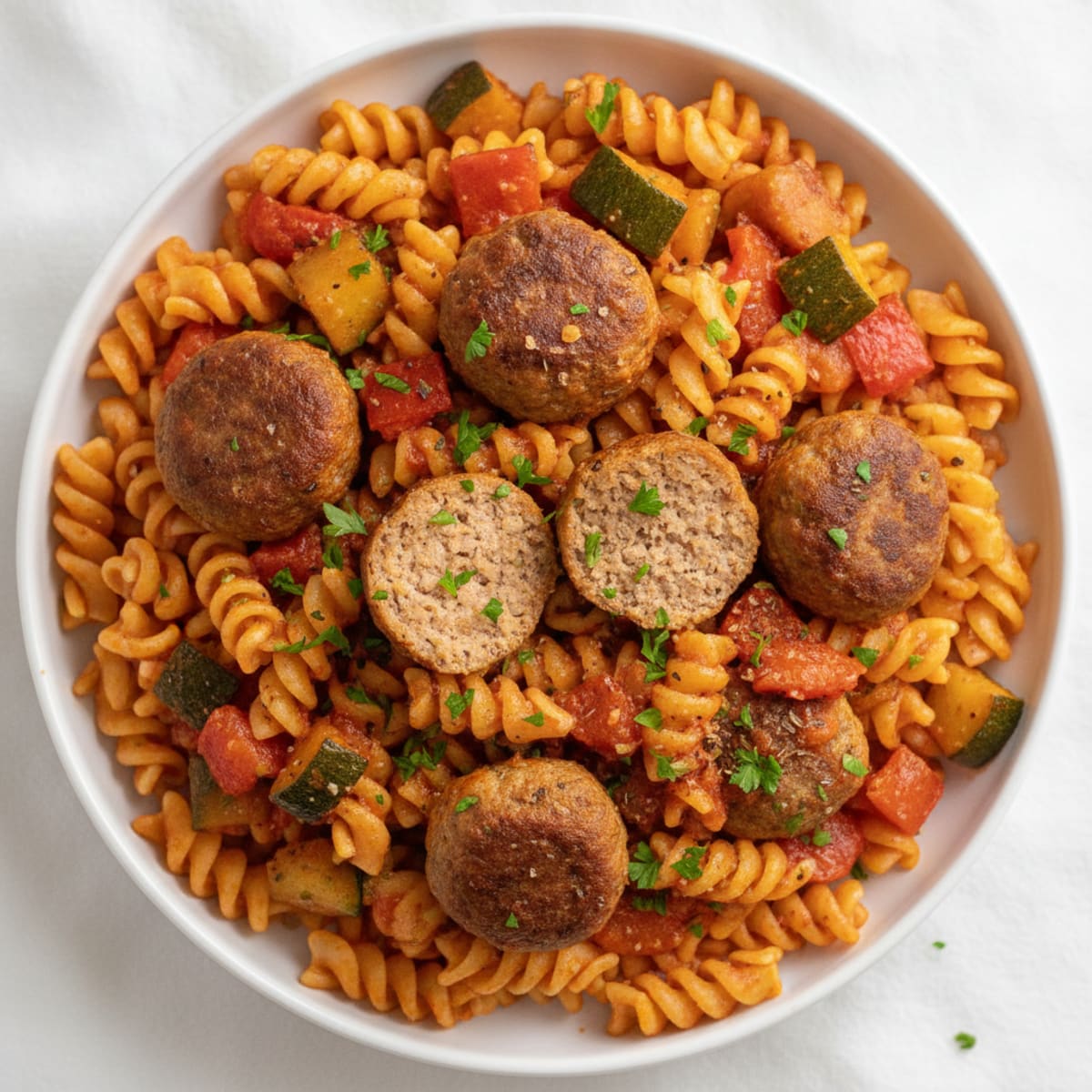 Protein Pasta with Marinara Meatballs and Vegetables