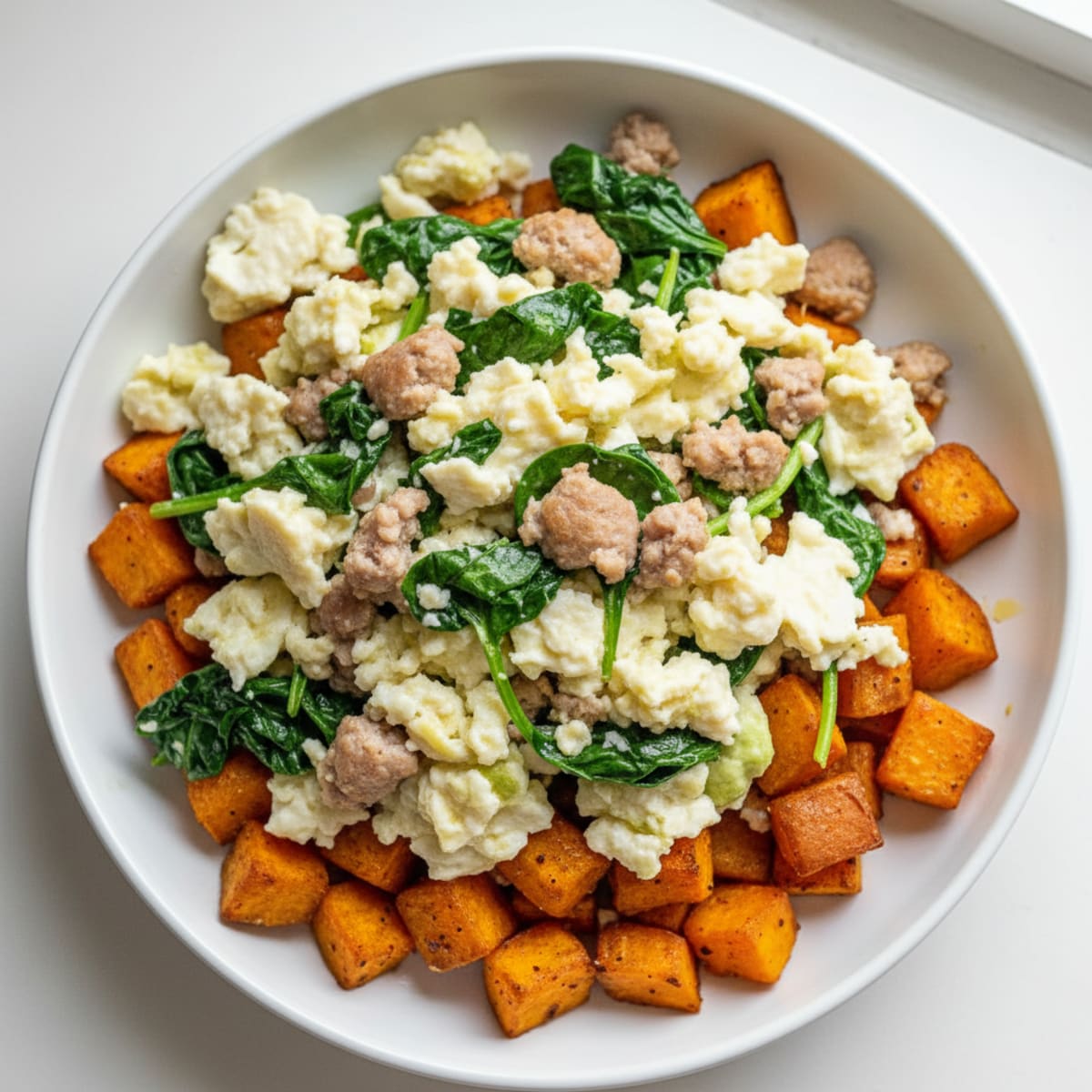 Egg White and Turkey Sausage Scramble with Spinach and Roasted Sweet Potato