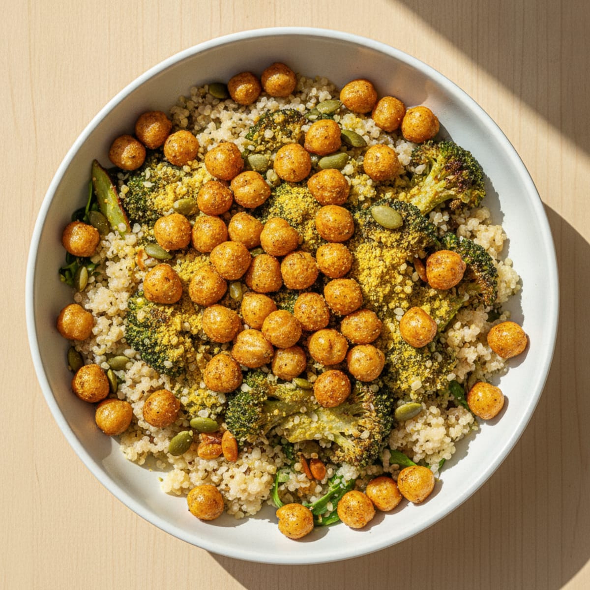 Crispy Chickpea and Quinoa Bowl with Roasted Broccoli and Pumpkin Seeds