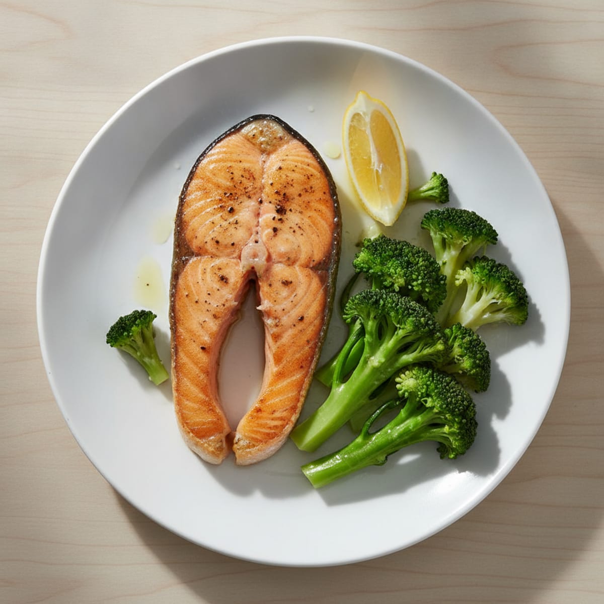 Seared Salmon with Steamed Broccoli and Lemon
