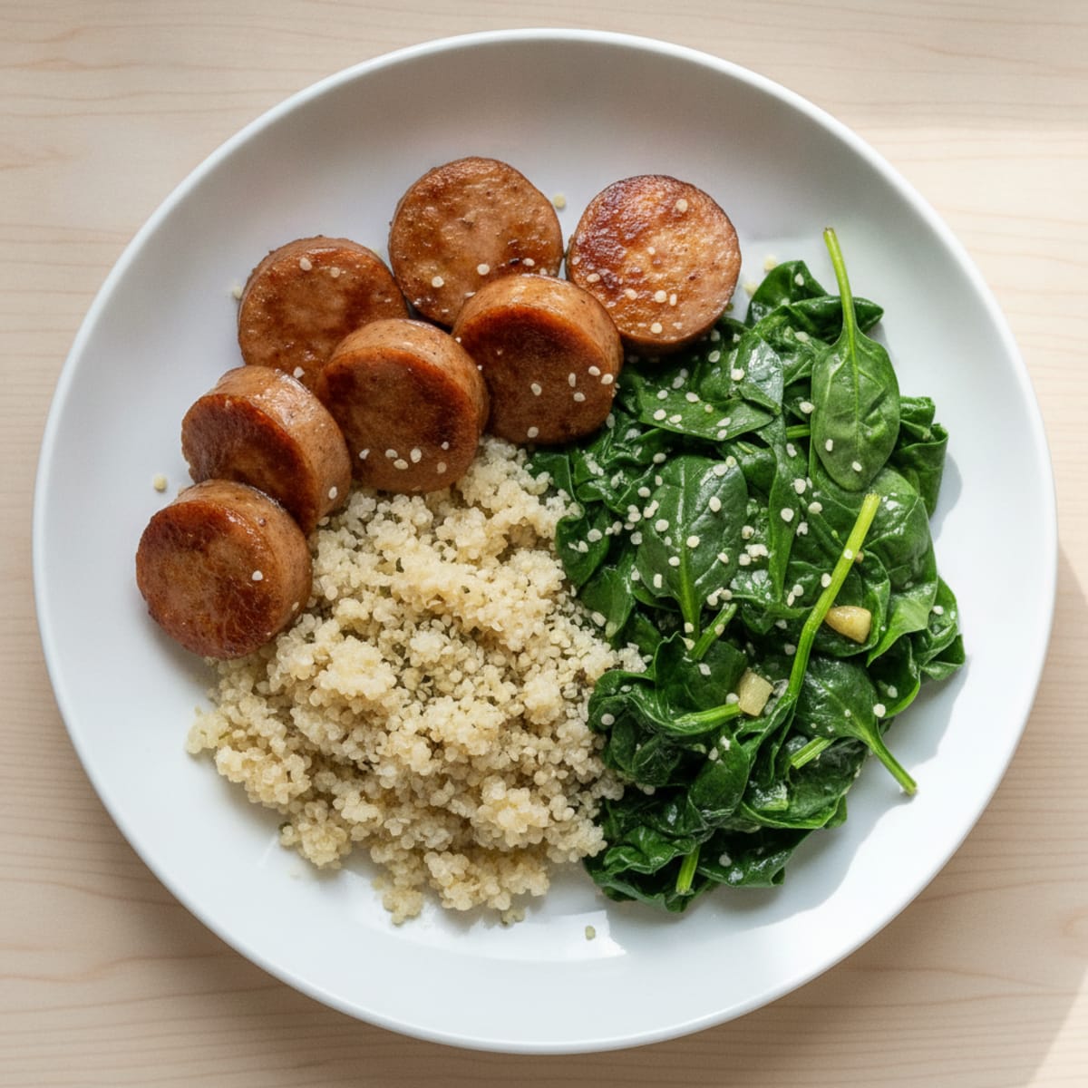 Seared Turkey Sausage with Sautéed Spinach and Quinoa