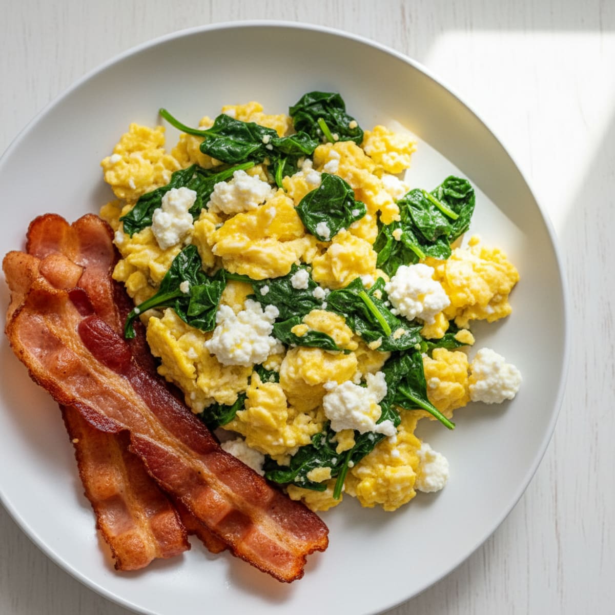 Cottage Cheese Egg Scramble with Spinach and Turkey Bacon