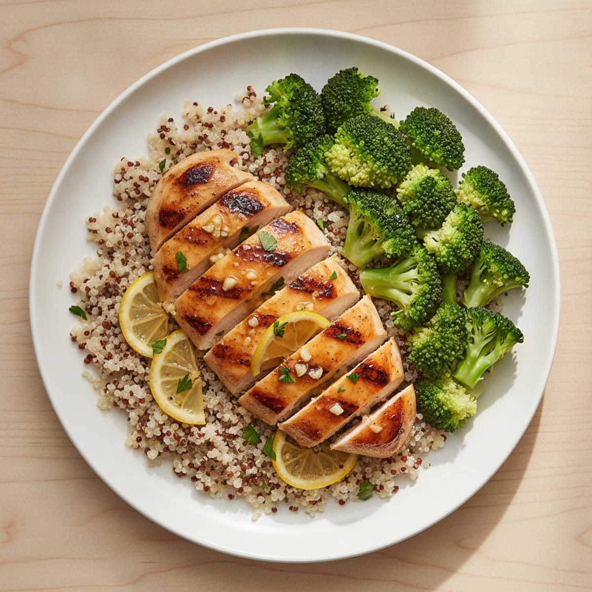 Grilled Lemon Garlic Chicken Breast with Quinoa and Steamed Broccoli